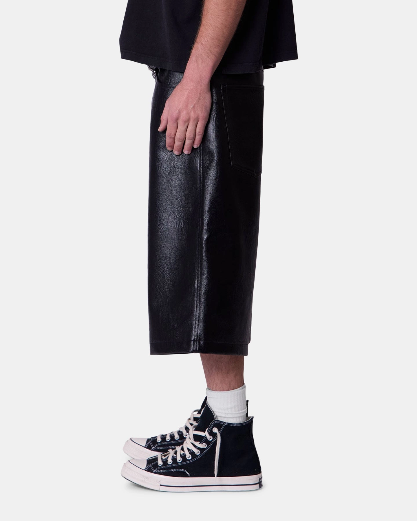 MNML Ultra Baggy Leather Shorts Black Convertible Length