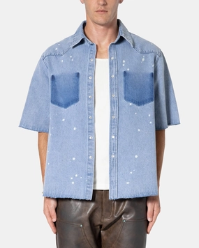 MNML Washed Denim Button Up Shirt Blue Heavy Duty Layered Collar Design