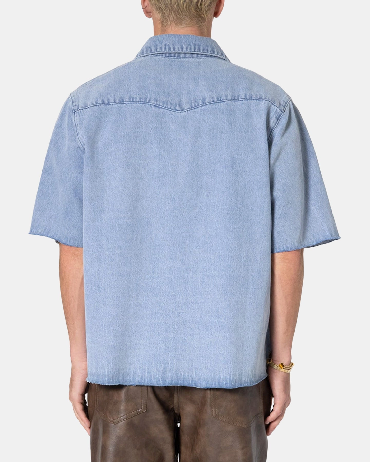 MNML Washed Denim Button Up Shirt Blue Trendy Accessory Universal Backpack Compatibility