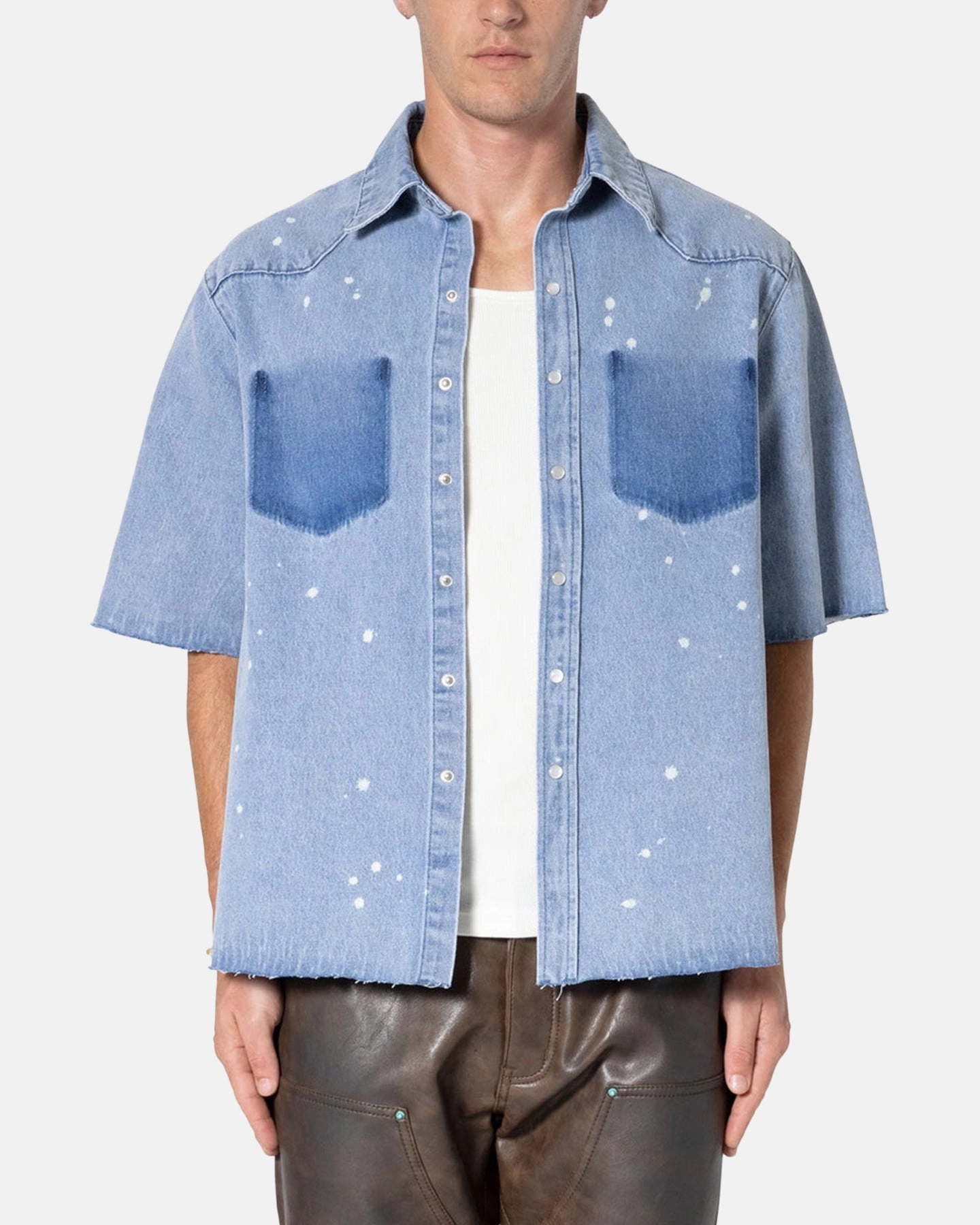 MNML Washed Denim Button Up Shirt Blue Heavy Duty Layered Collar Design