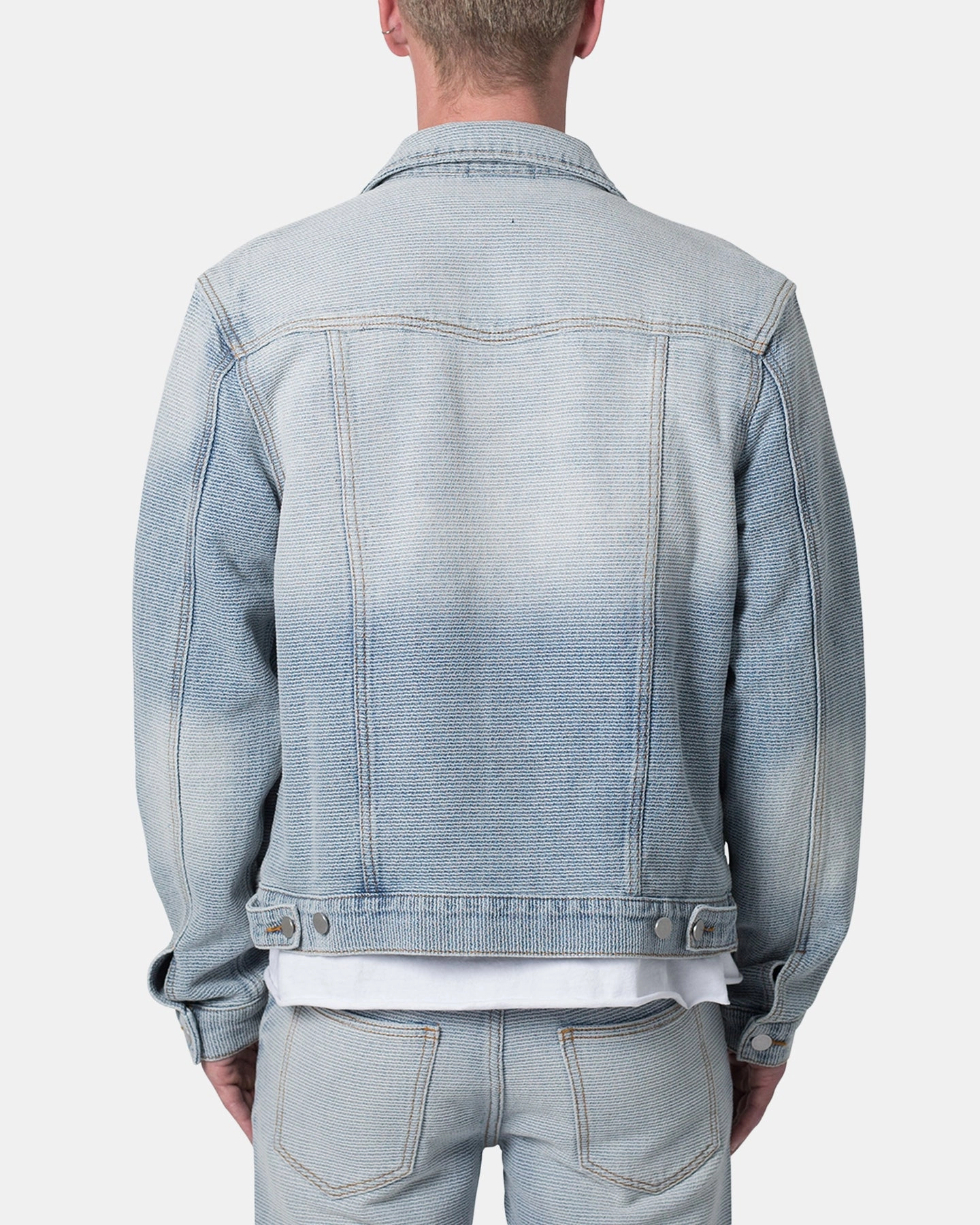 MNML Western Crosshatch Trucker Denim Jacket Blue Magnetic Closure