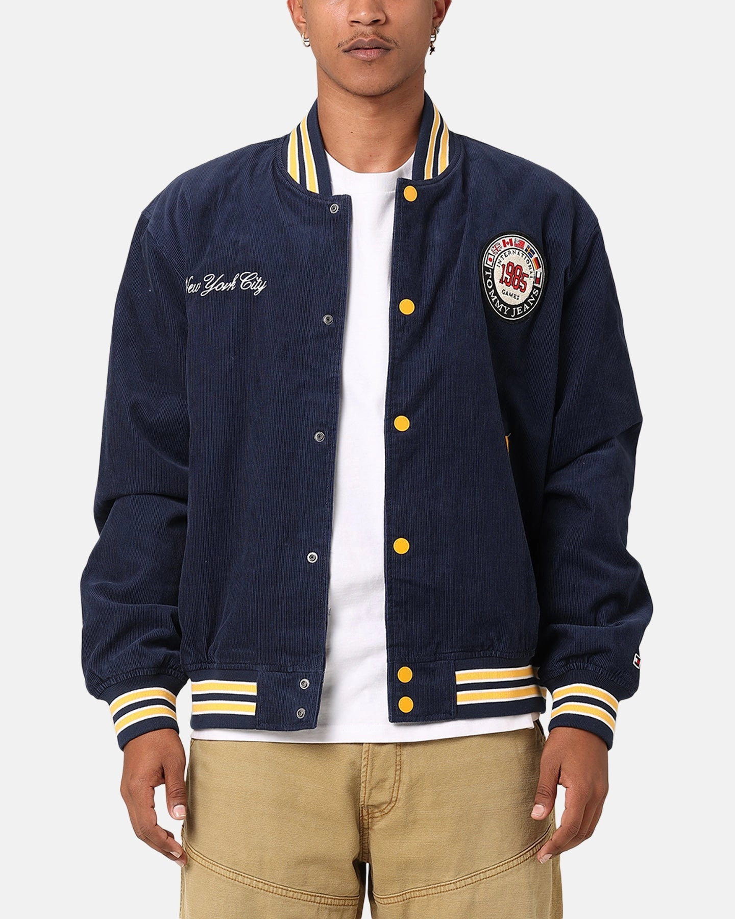Tommy Jeans TJU Archive Corduroy Games Varisty Jacket Twilight Indigo Detachable Hood Stand