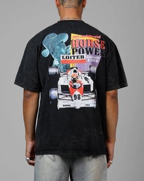 Loiter Horse Power Vintage Drop T-Shirt Black Acidwash Playful Design