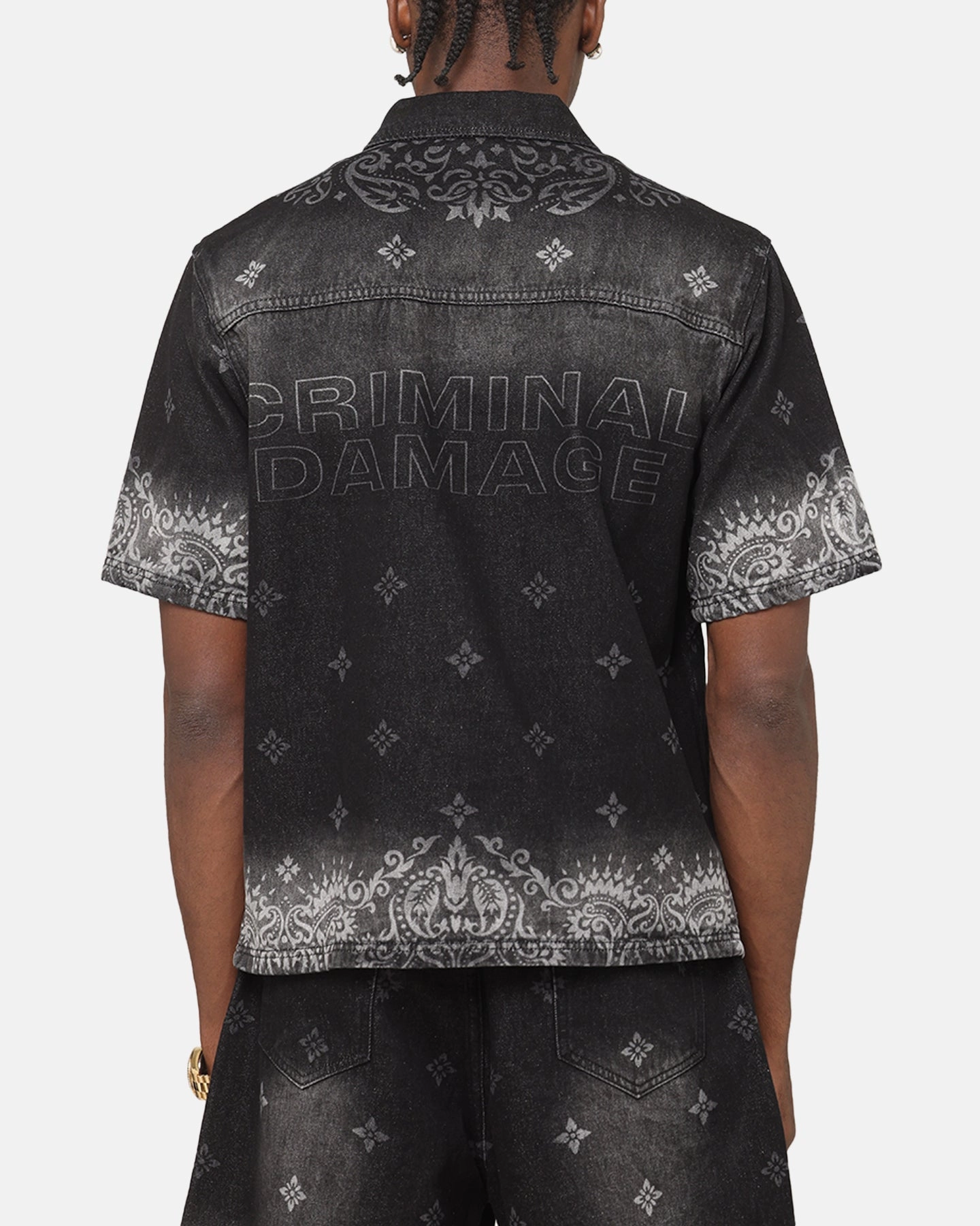 Unique Design Compact Packing Criminal Damage Laser Print Denim Button Up Shirt Washed Black