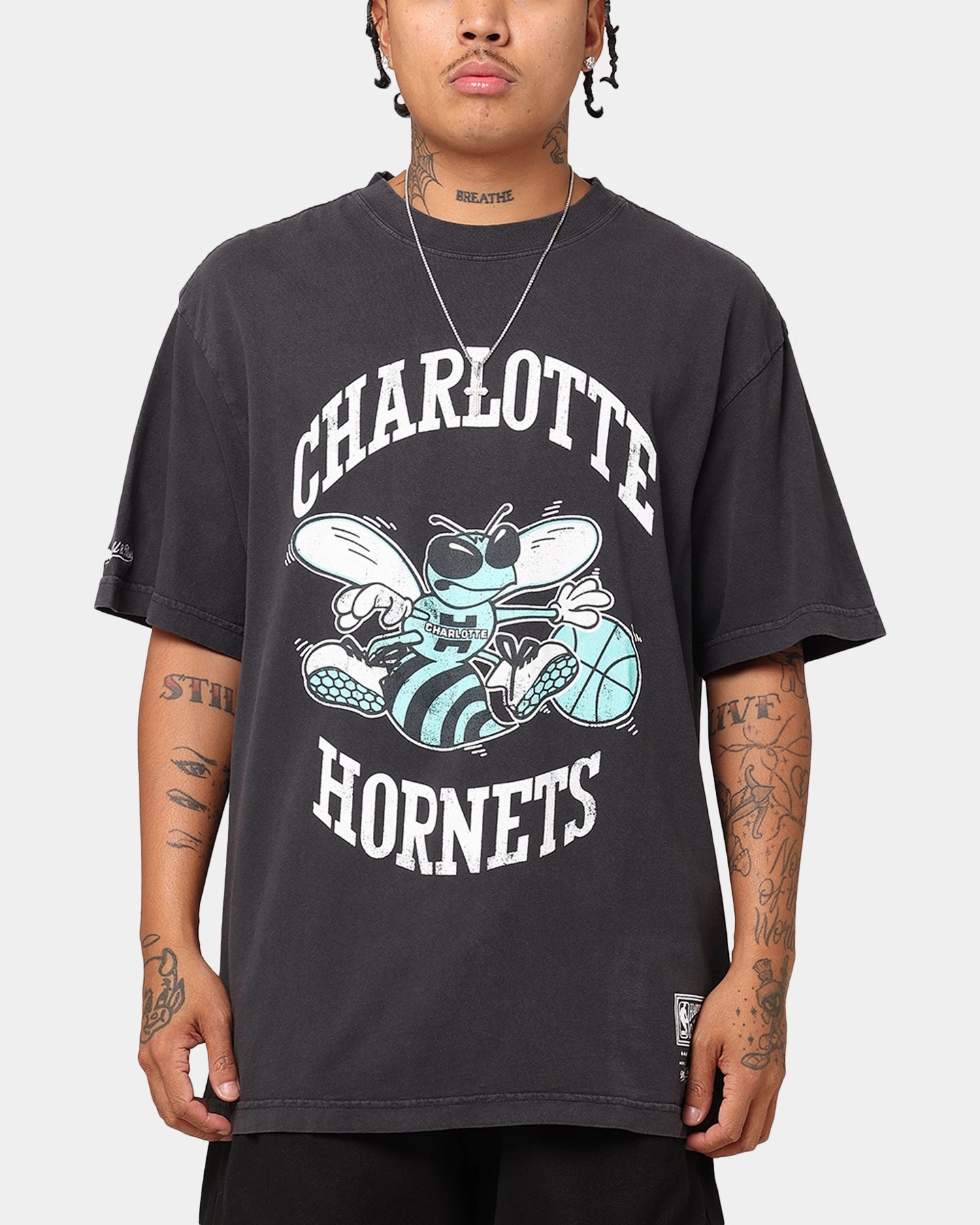 Mitchell & Ness Charlotte Hornets Ice Blue Logo T-Shirt Faded Black Soft Touch Fit ColorfastFabricTech