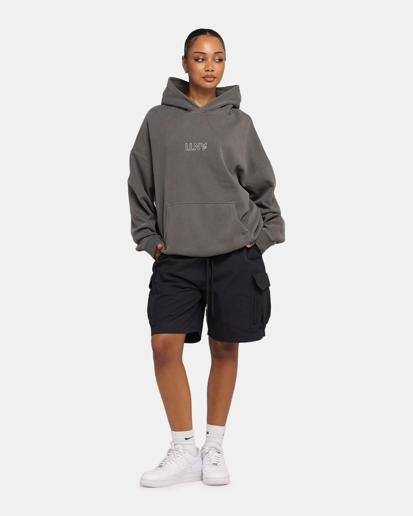 The Anti Order Truth In Chaos Boxy Hoodie Washed Charcoal Slide
