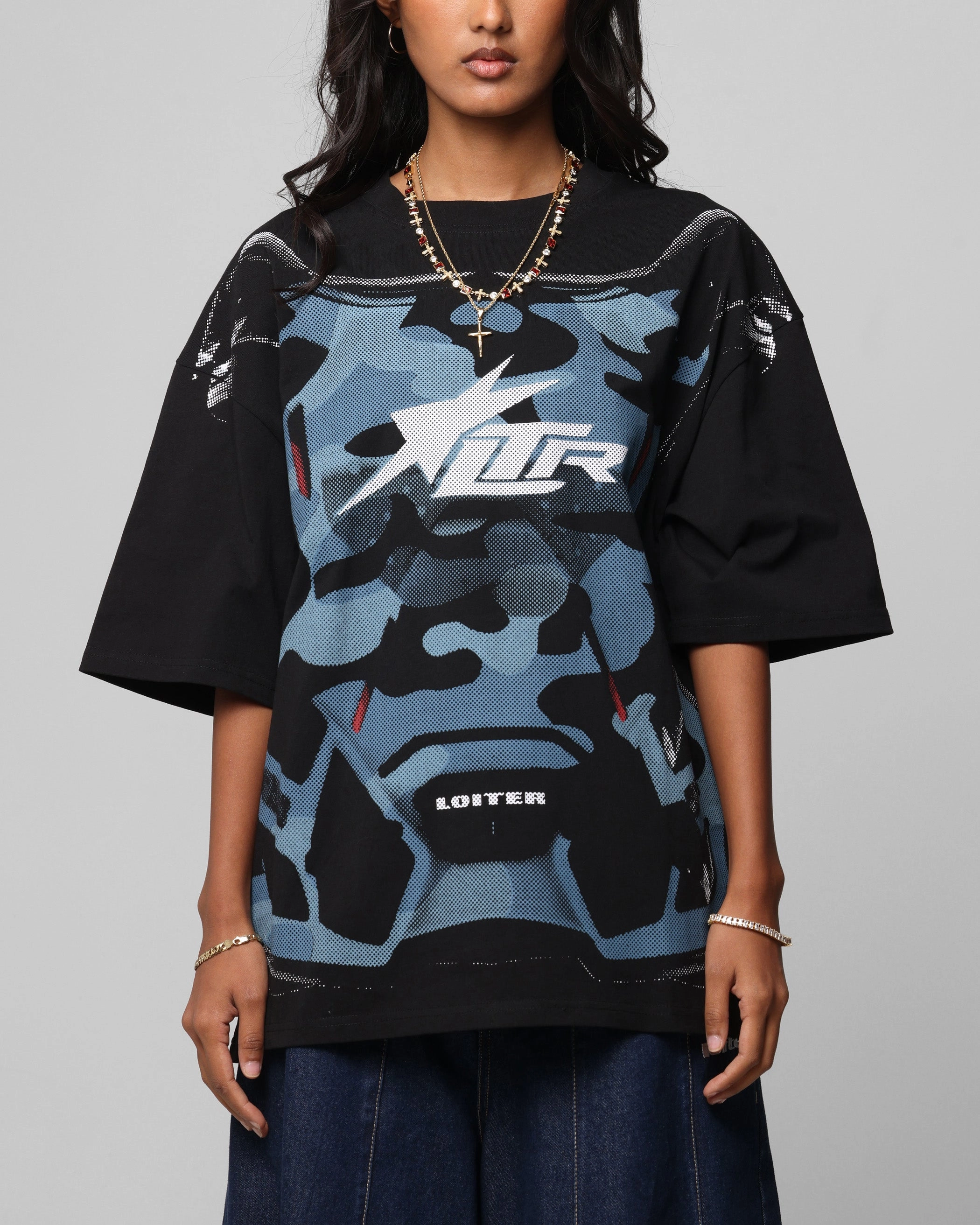 Loiter Motocross Vintage T-Shirt Black/Navy Blue Curved Hem Trendy Comfort Fit