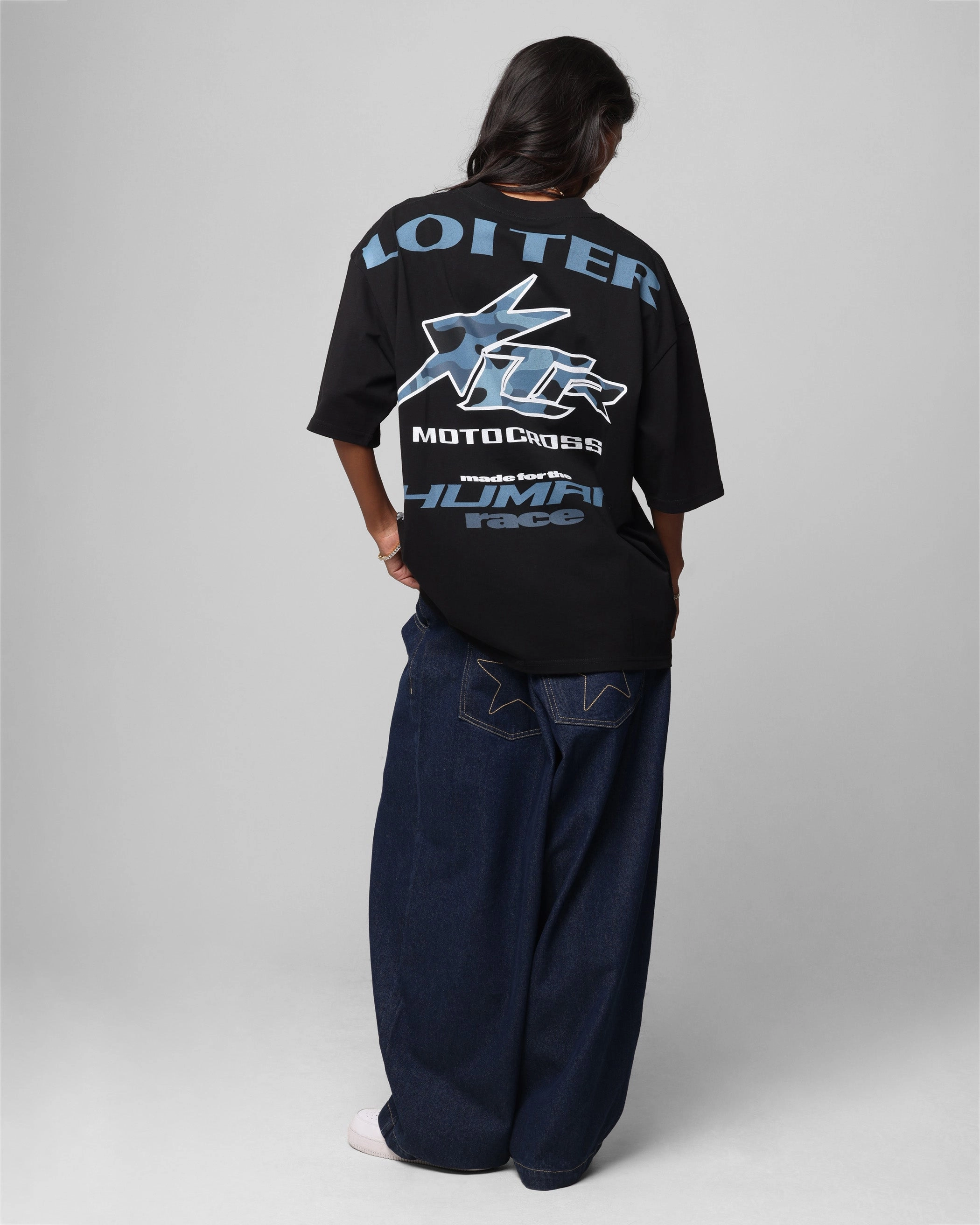 Loiter Motocross Vintage T-Shirt Black/Navy Blue Relaxed Fit Design