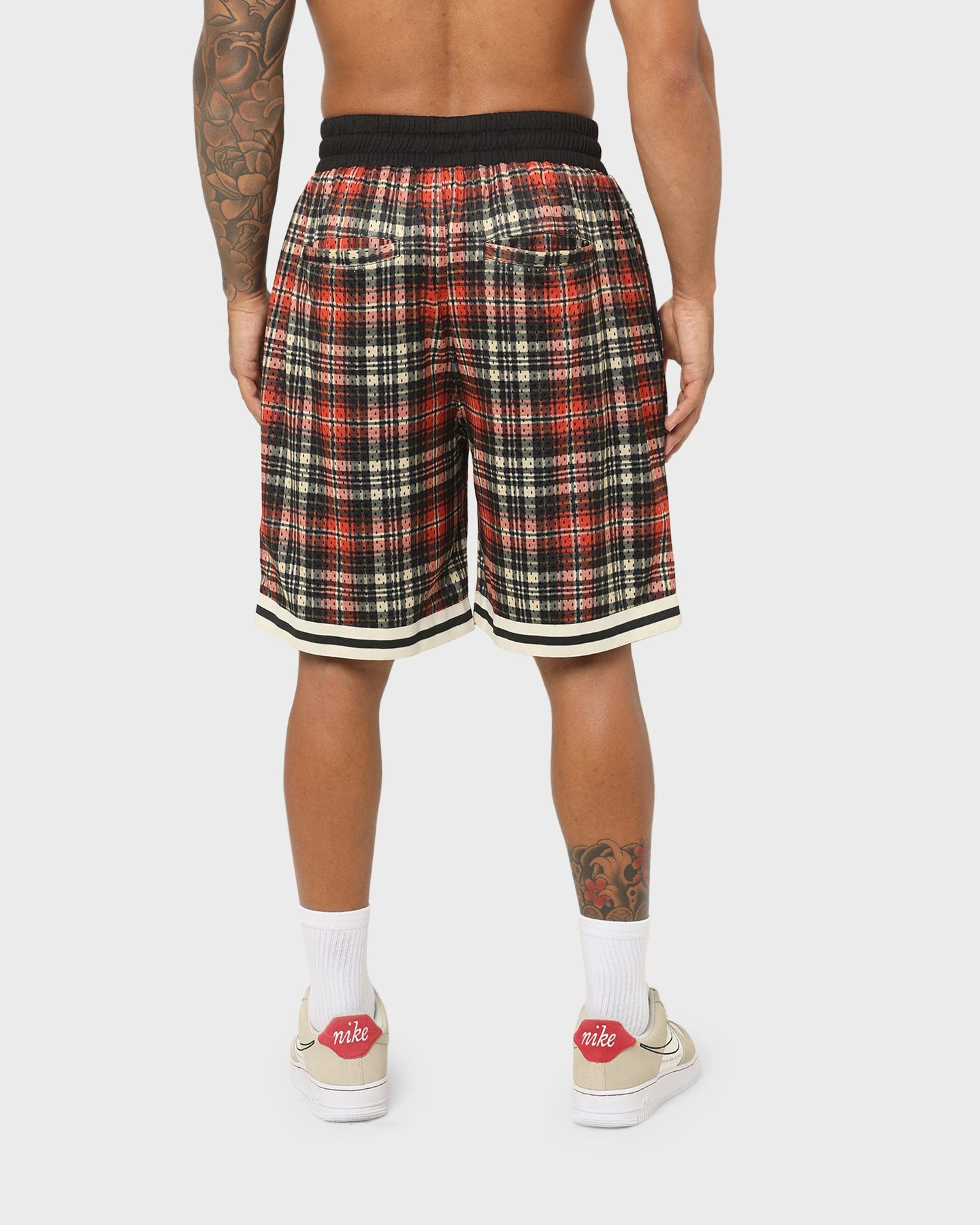 EN ES Team Basketball Shorts Red Plaid Faux Leather