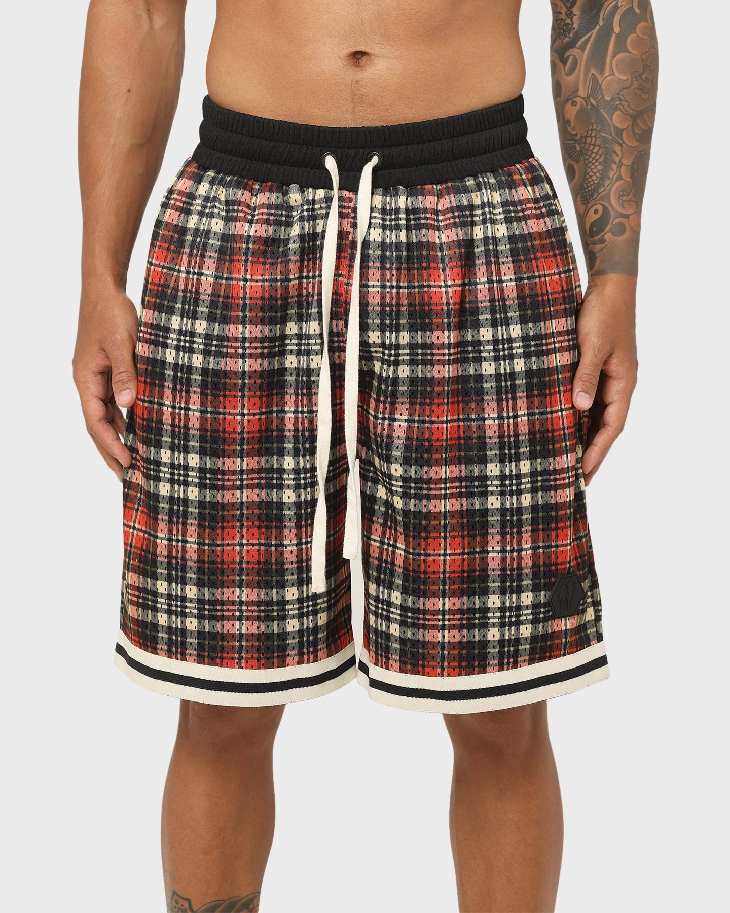 EN ES Team Basketball Shorts Red Plaid Chic Look Golf Apparel