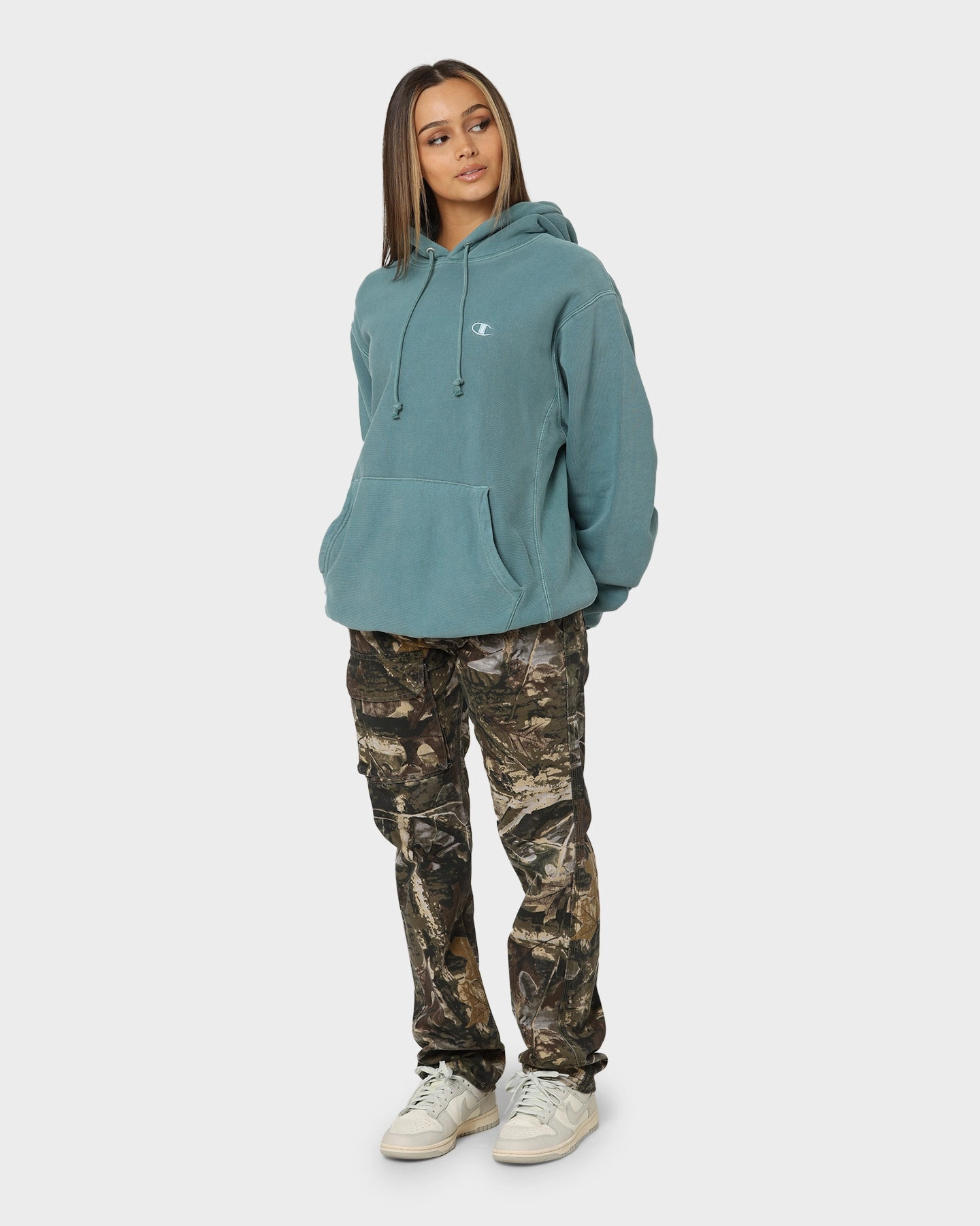 Outdoor Style Lightweight Padding Champion Reverse Weave Garm Dye Hoodie Aqua Tonic