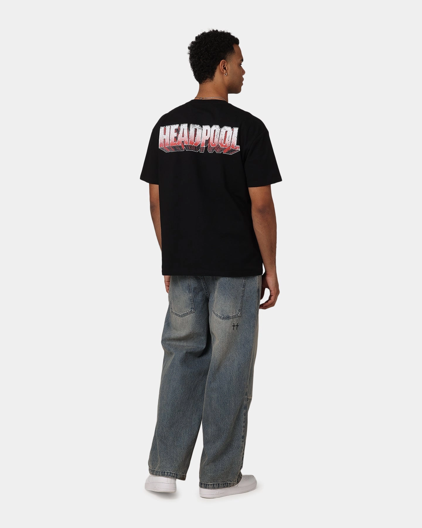 Perfect Layering Goat Crew Marvel Deadpool Headpool Vintage T-Shirt Black Acidwash