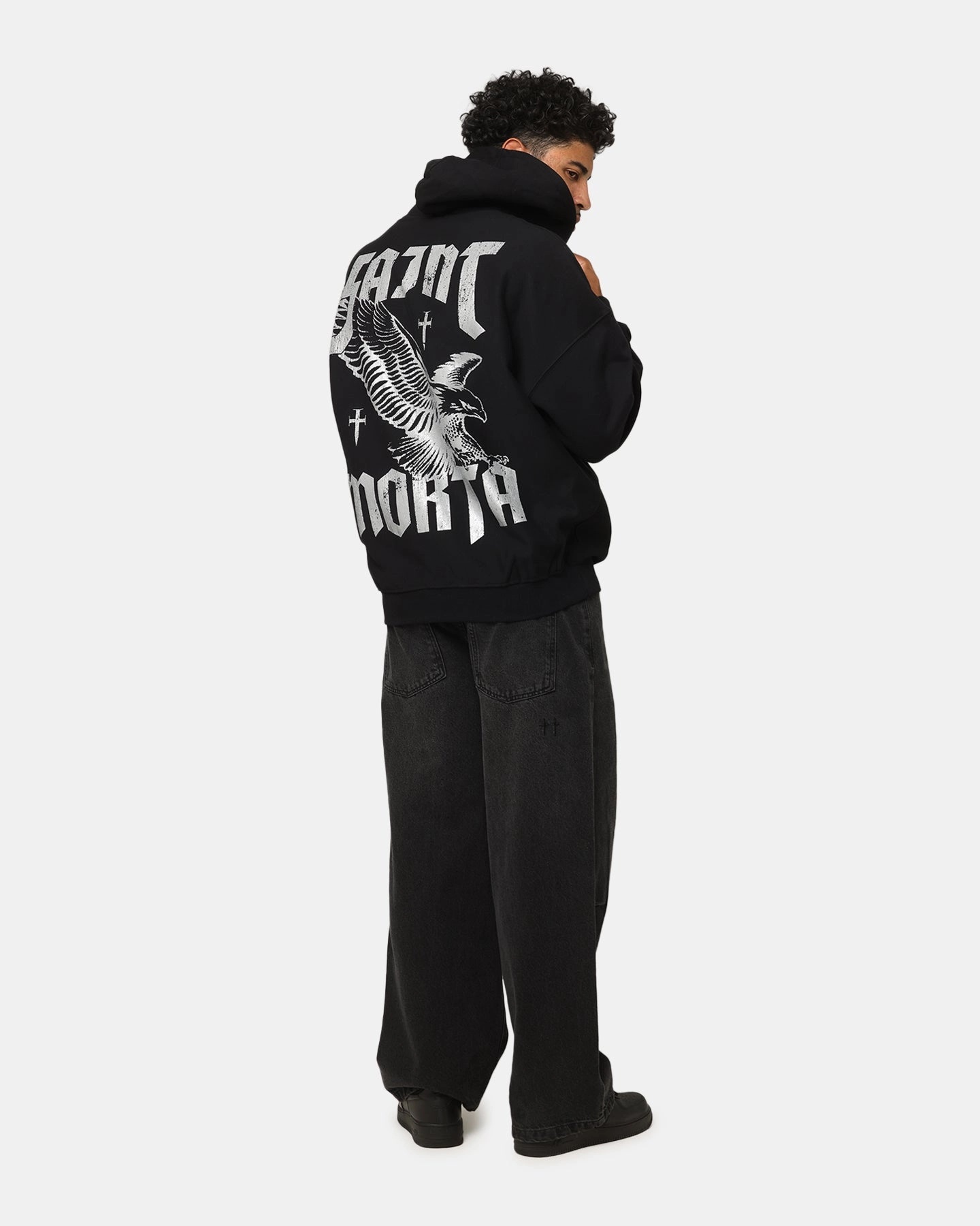 Perforated Details Relaxed Cut Saint Morta Ride Or Die Boxy Hoodie Black