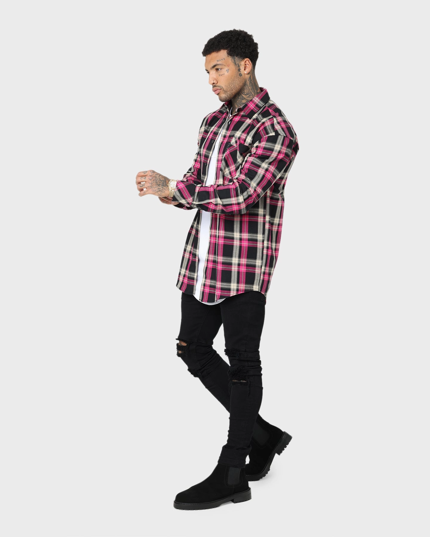 traveler Concentration Saint Morta Prima Long Sleeve Flannel Shirt Black/Pink