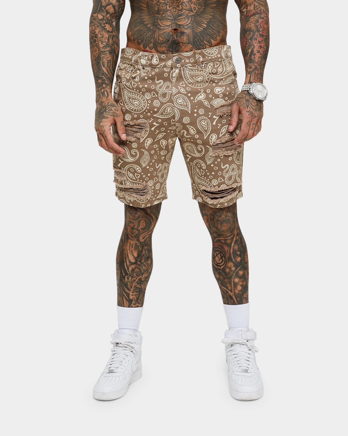 Convertible Length Eco-friendly Saint Morta Paisley Skulls Denim Shorts Vintage Brown