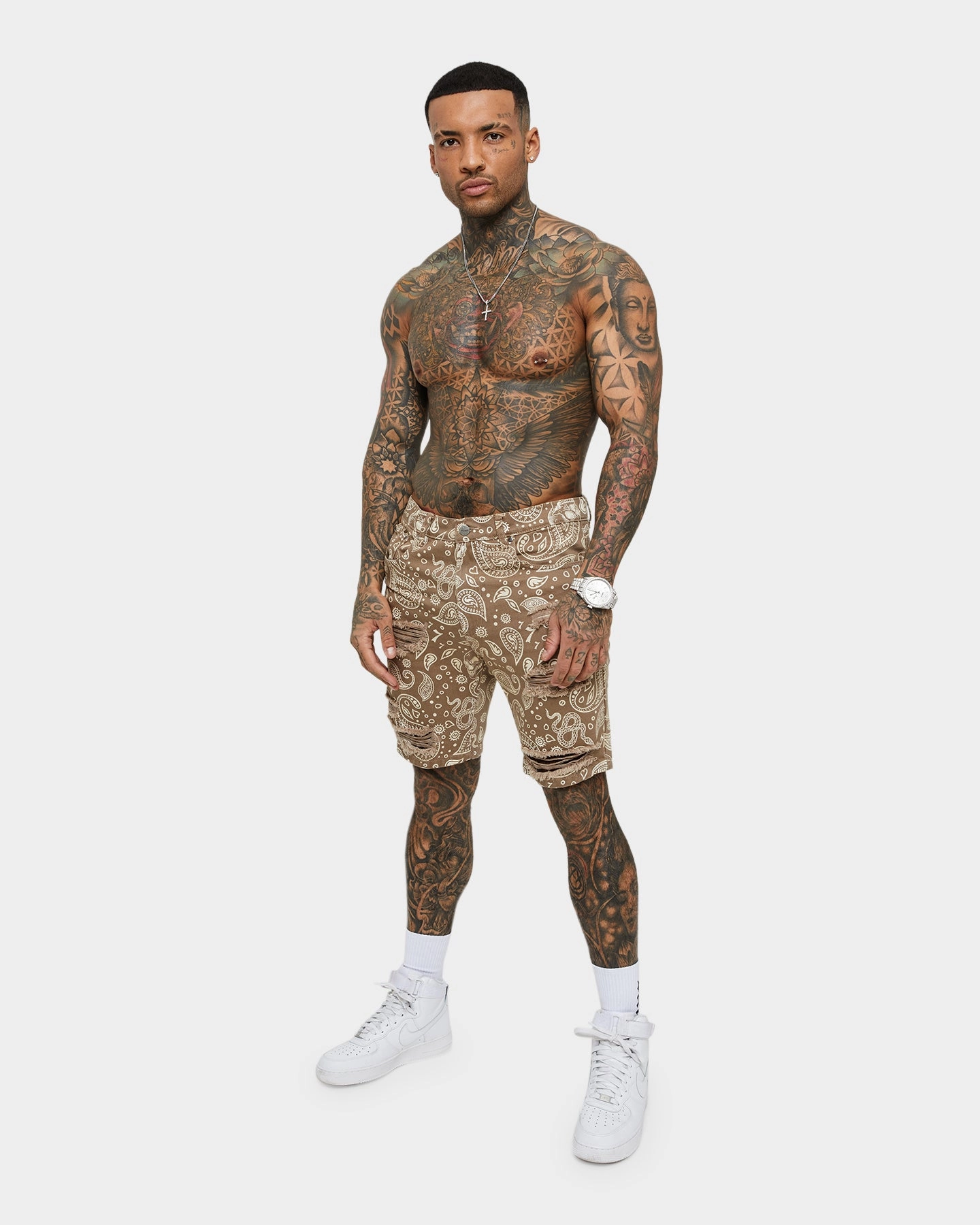 Saint Morta Paisley Skulls Denim Shorts Vintage Brown Regular Fit mid-rise