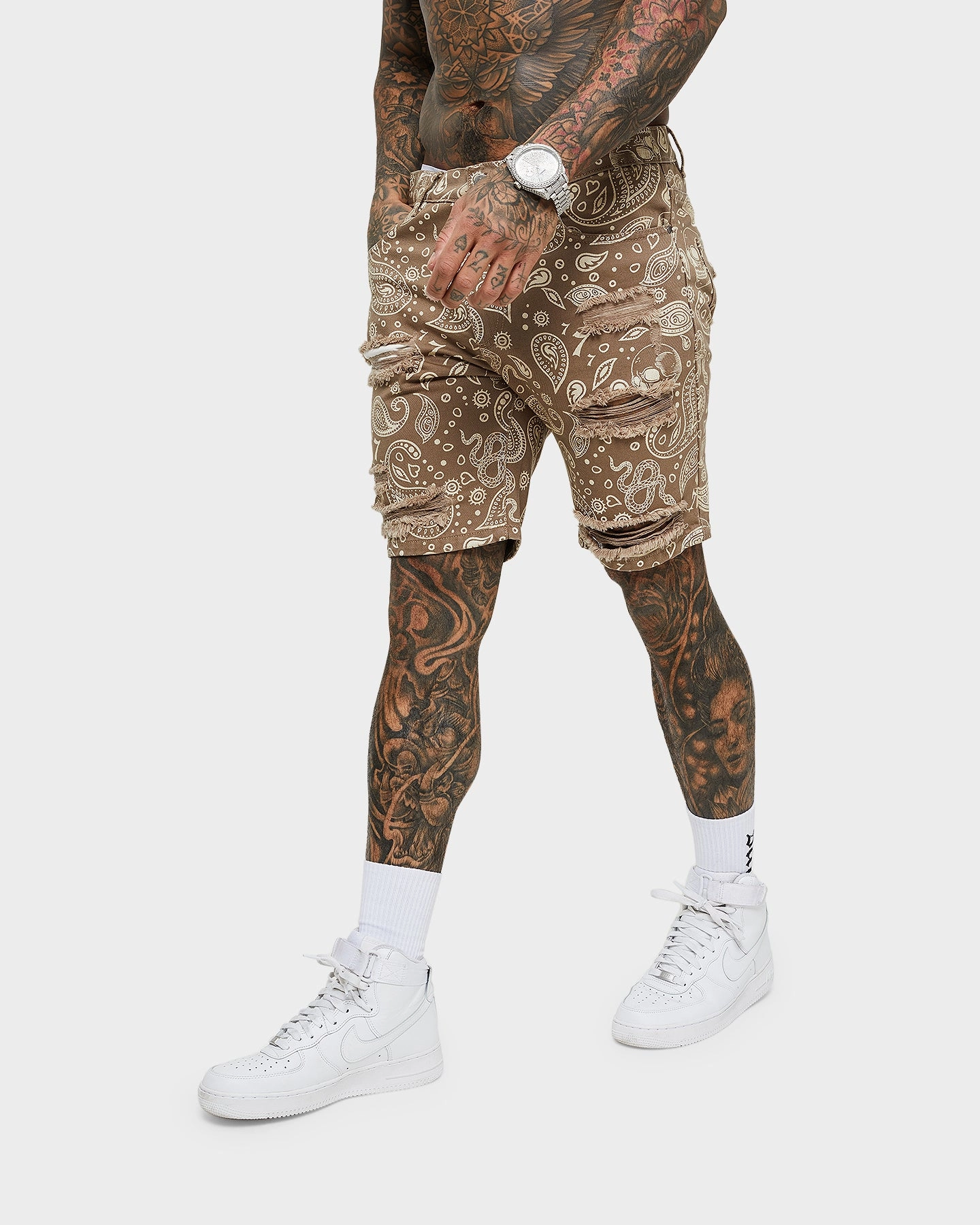 Abrasion Resistant Fabric Saint Morta Paisley Skulls Denim Shorts Vintage Brown