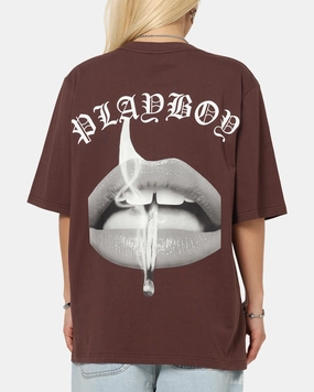Relaxed Wear Stylish Fit Playboy Gothic Mono Lips T-Shirt Washed Brown