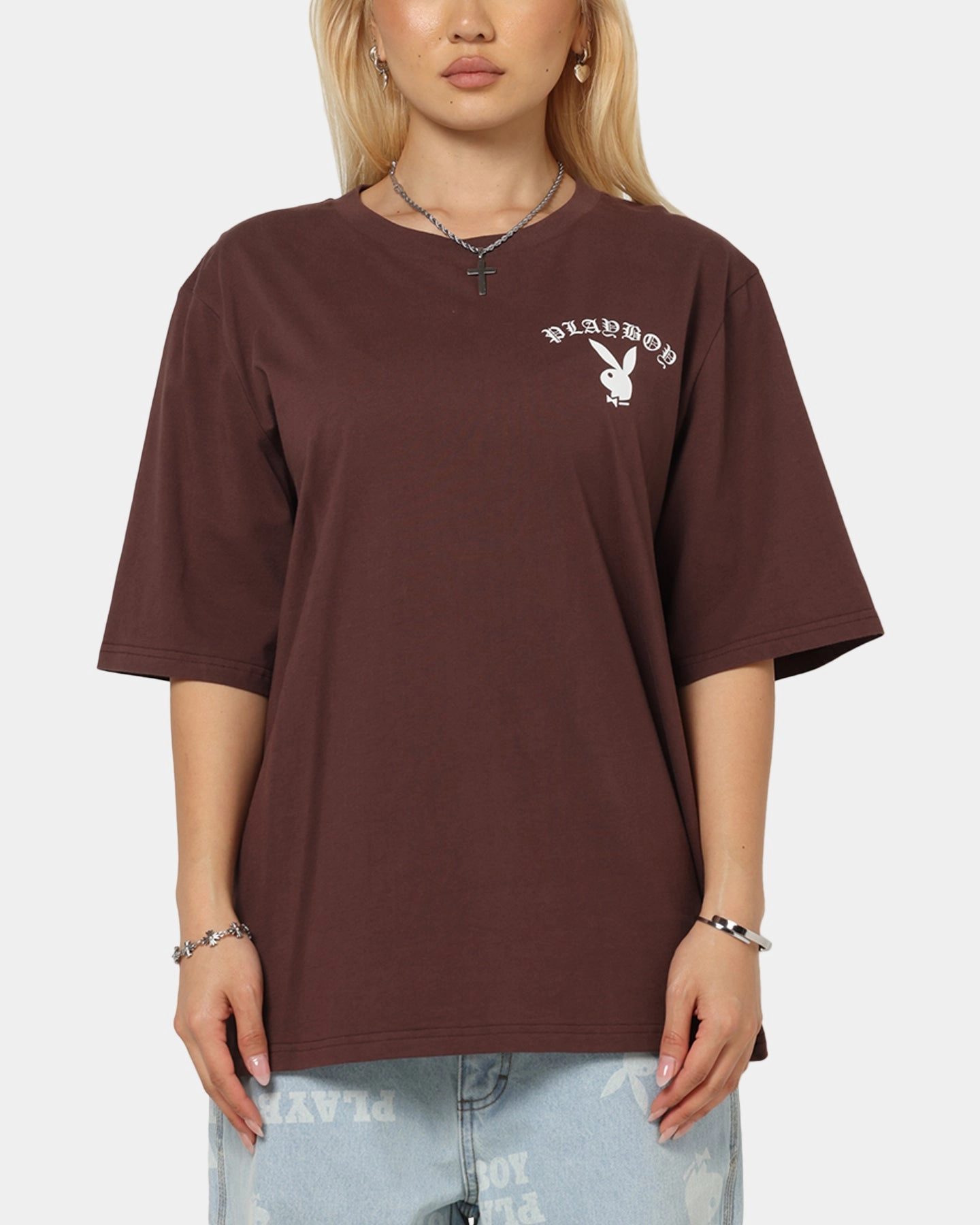 Playboy Gothic Mono Lips T-Shirt Washed Brown Functional Wearable Daily Favorite