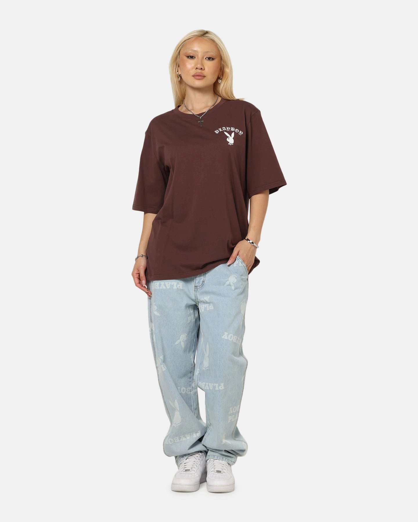 Airflow Mesh Panels Playboy Gothic Mono Lips T-Shirt Washed Brown
