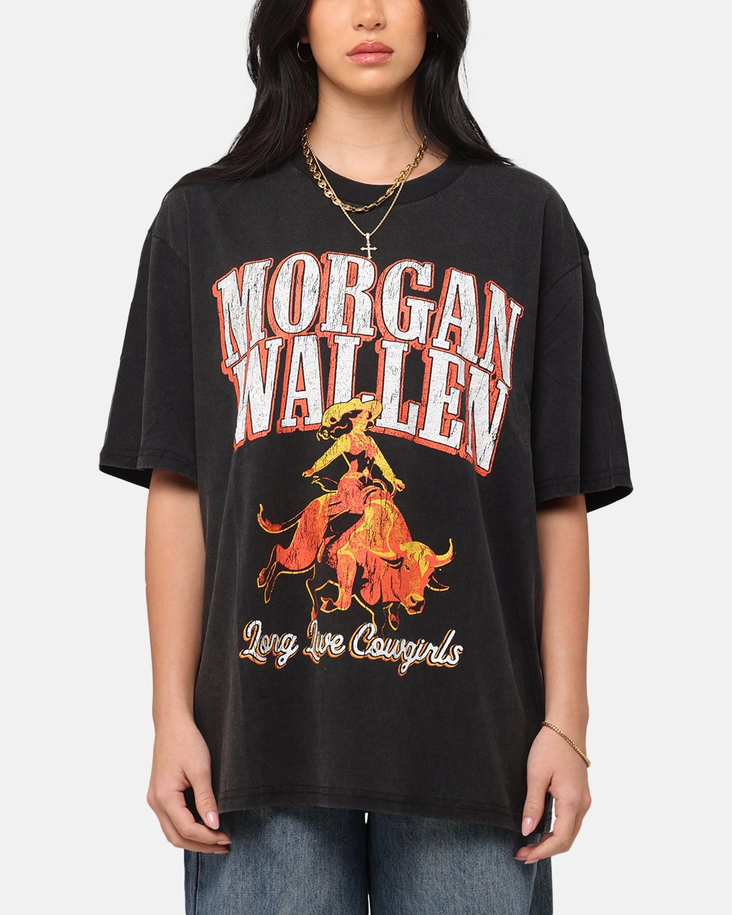 Travel Light Low Profile Collar Morgan Wallen Long Live Cowgirls T-Shirt Washed Black
