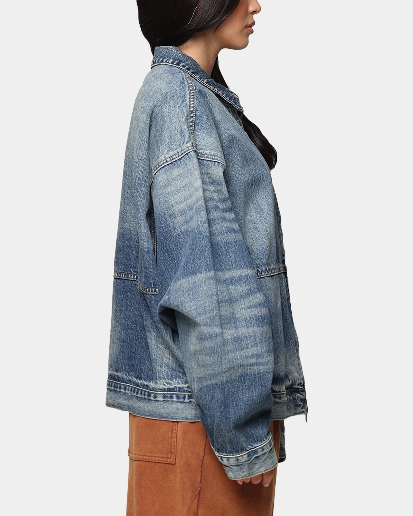 Reinforced Shoulder Stitching Pastel color MNML Denim Choir Coat Vintage Blue