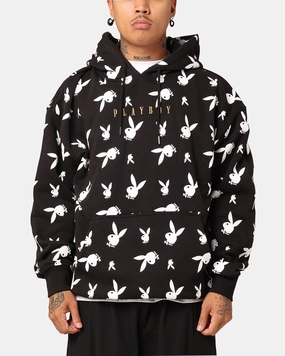 Playboy Gold Bunny All Over Hoodie Black GloveFriendly Cuff Design Full Length Front Zipper