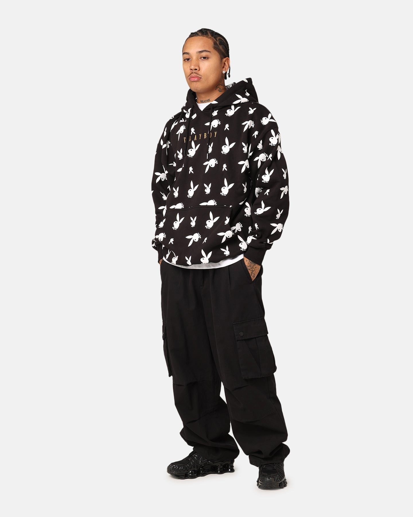 Playboy Gold Bunny All Over Hoodie Black Money Listen