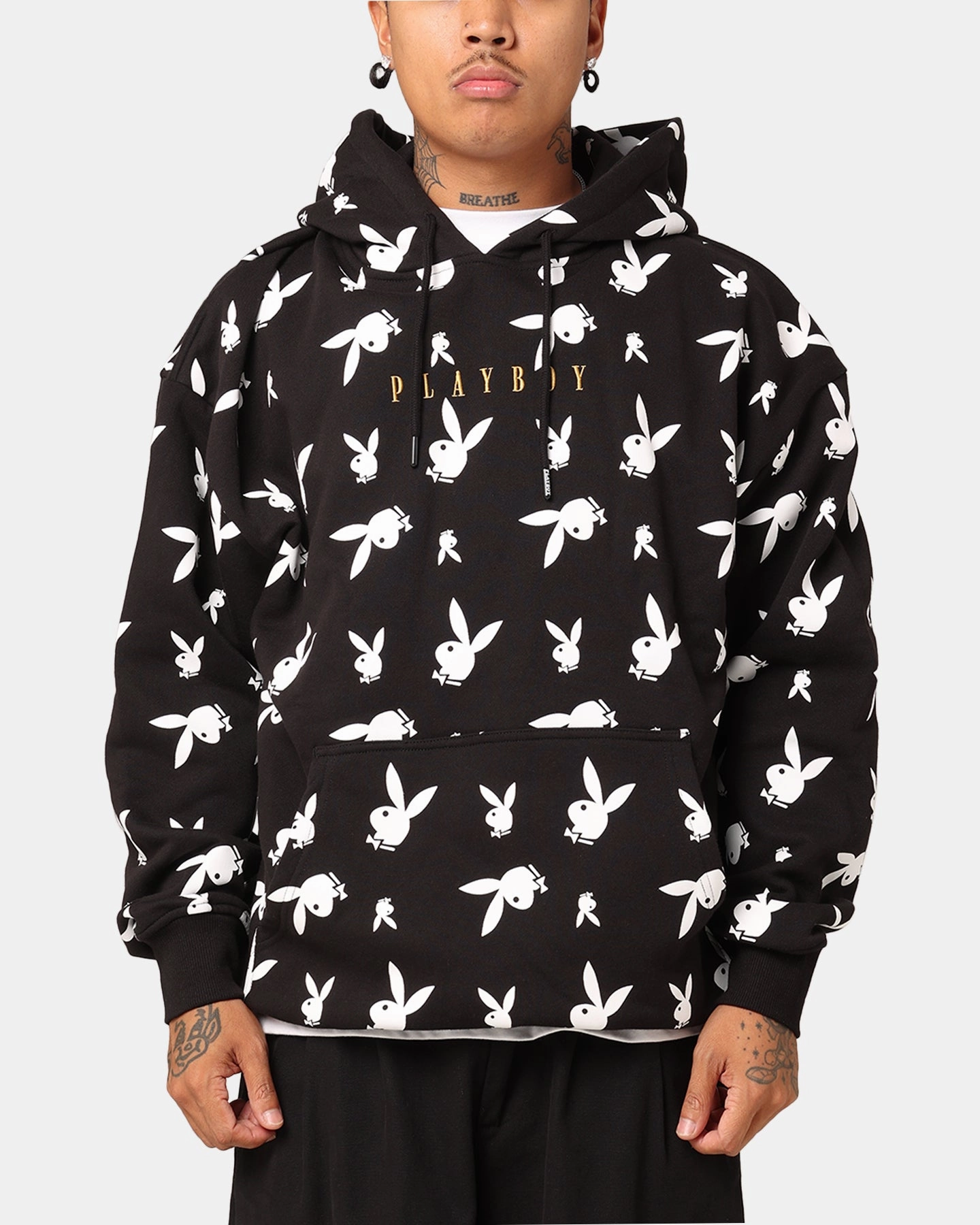 Playboy Gold Bunny All Over Hoodie Black GloveFriendly Cuff Design Full Length Front Zipper