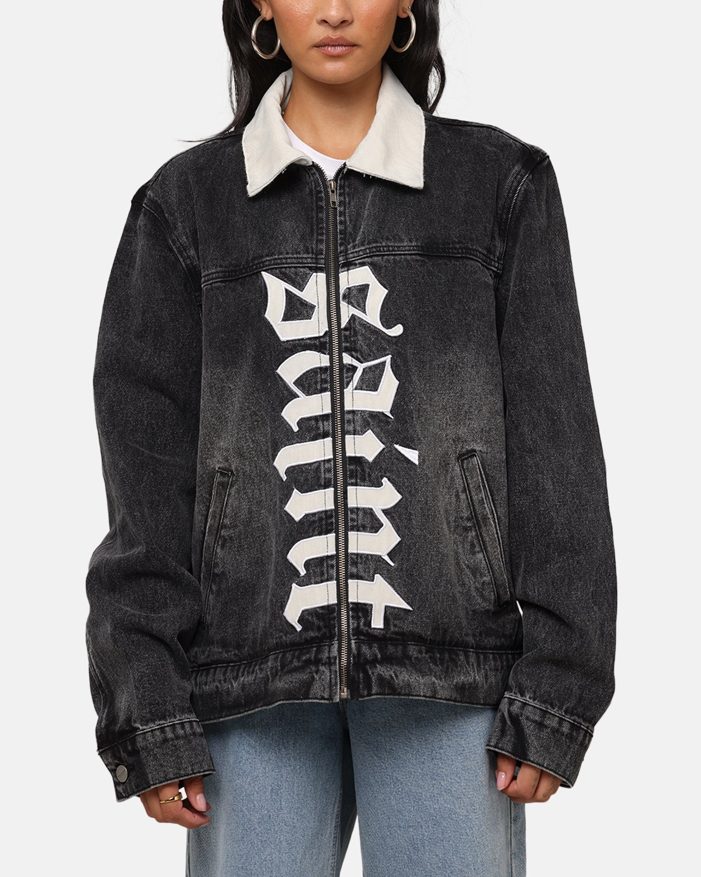 Silk Saint Morta Gothic Distressed Denim Jacket Black Shadow