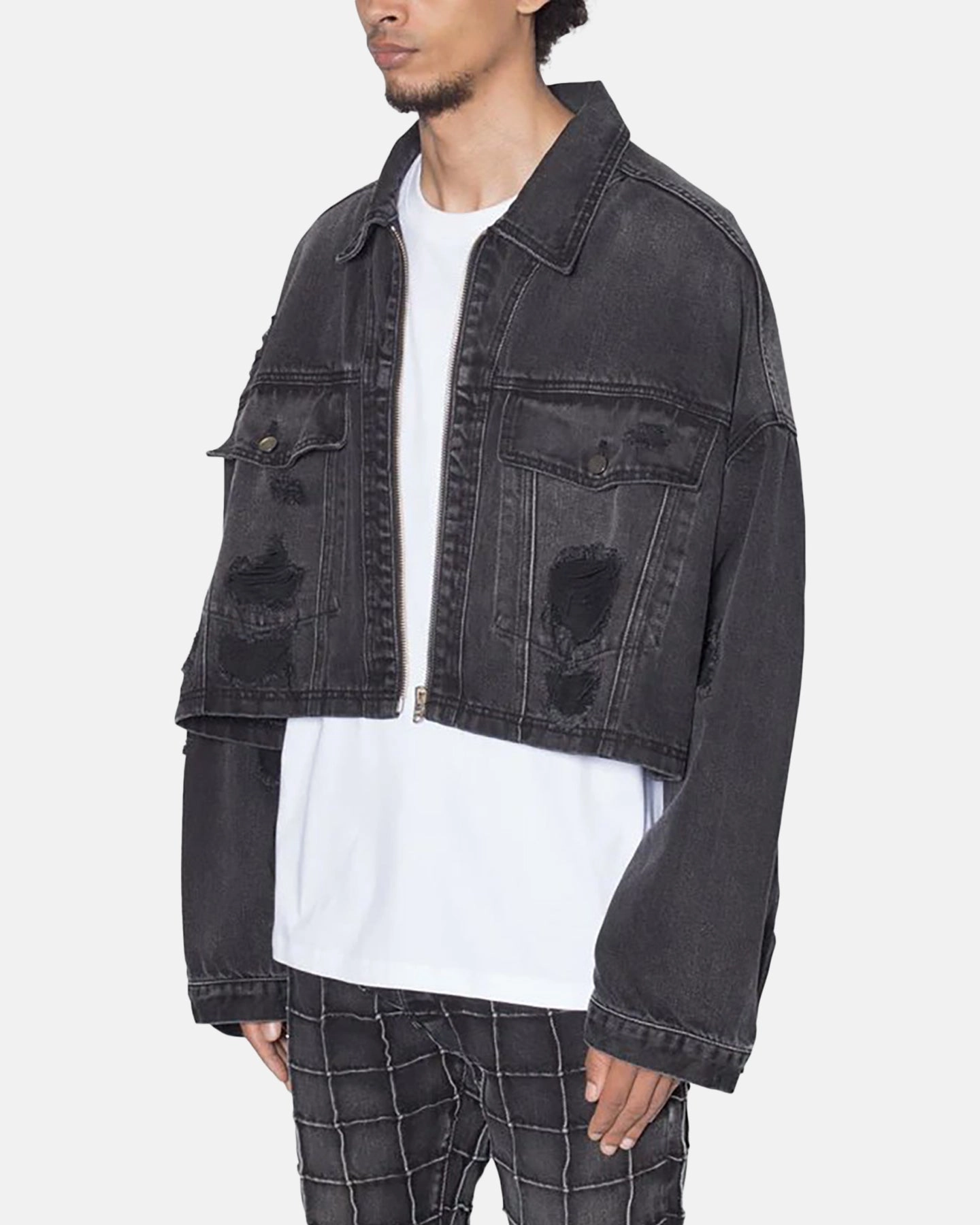 MNML Oversized Ripped Cropped Denim Jacket Washed Black suitable for solo travel Bohemian