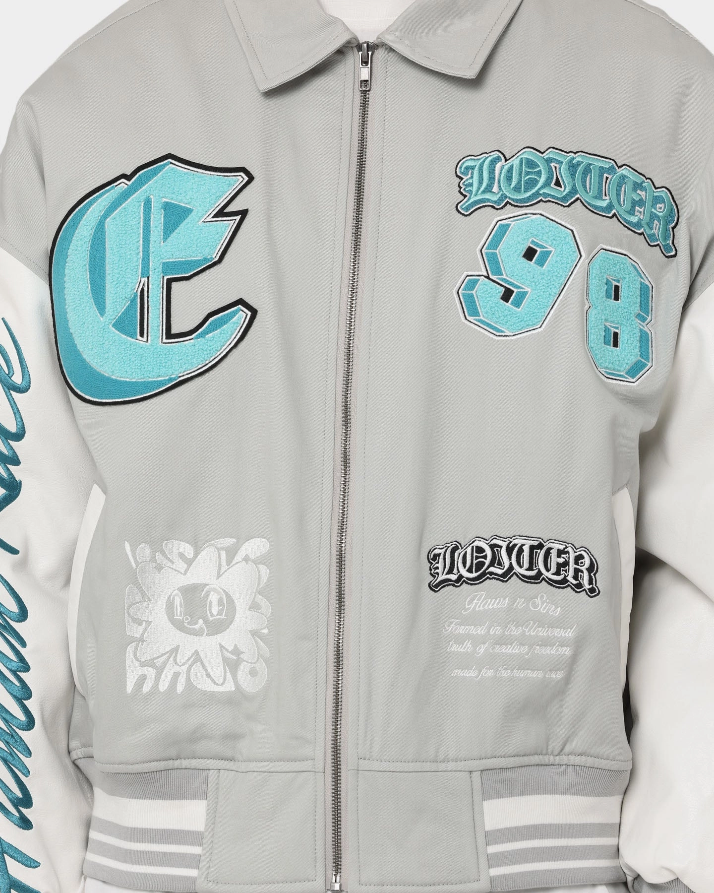 Heavy Duty Zippers elderly people Loiter Ethereal Varsity Jacket Light Grey
