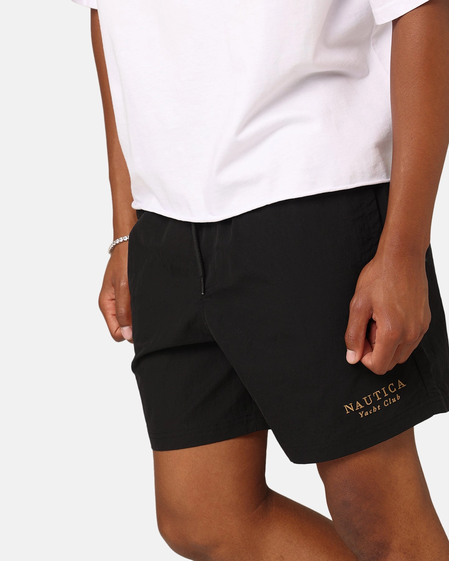 Nautica Sadler Swim Shorts Black/Gold Flexible Side Panels Playful Style