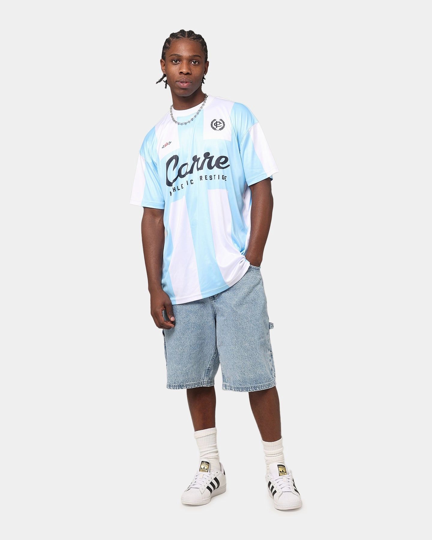 Garment Dyed Low Profile Collar Carre Prestige Football T-Shirt Light Blue/White