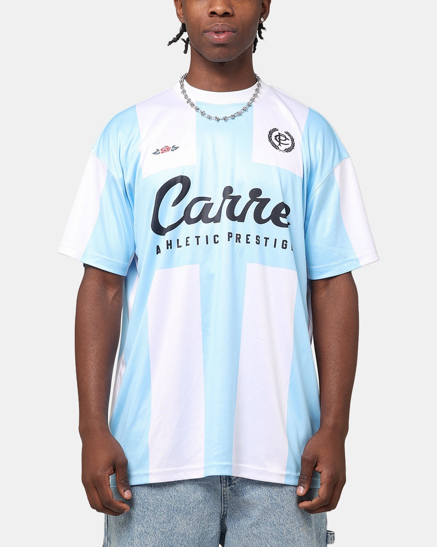 Trendy Casual Wear Carre Prestige Football T-Shirt Light Blue/White