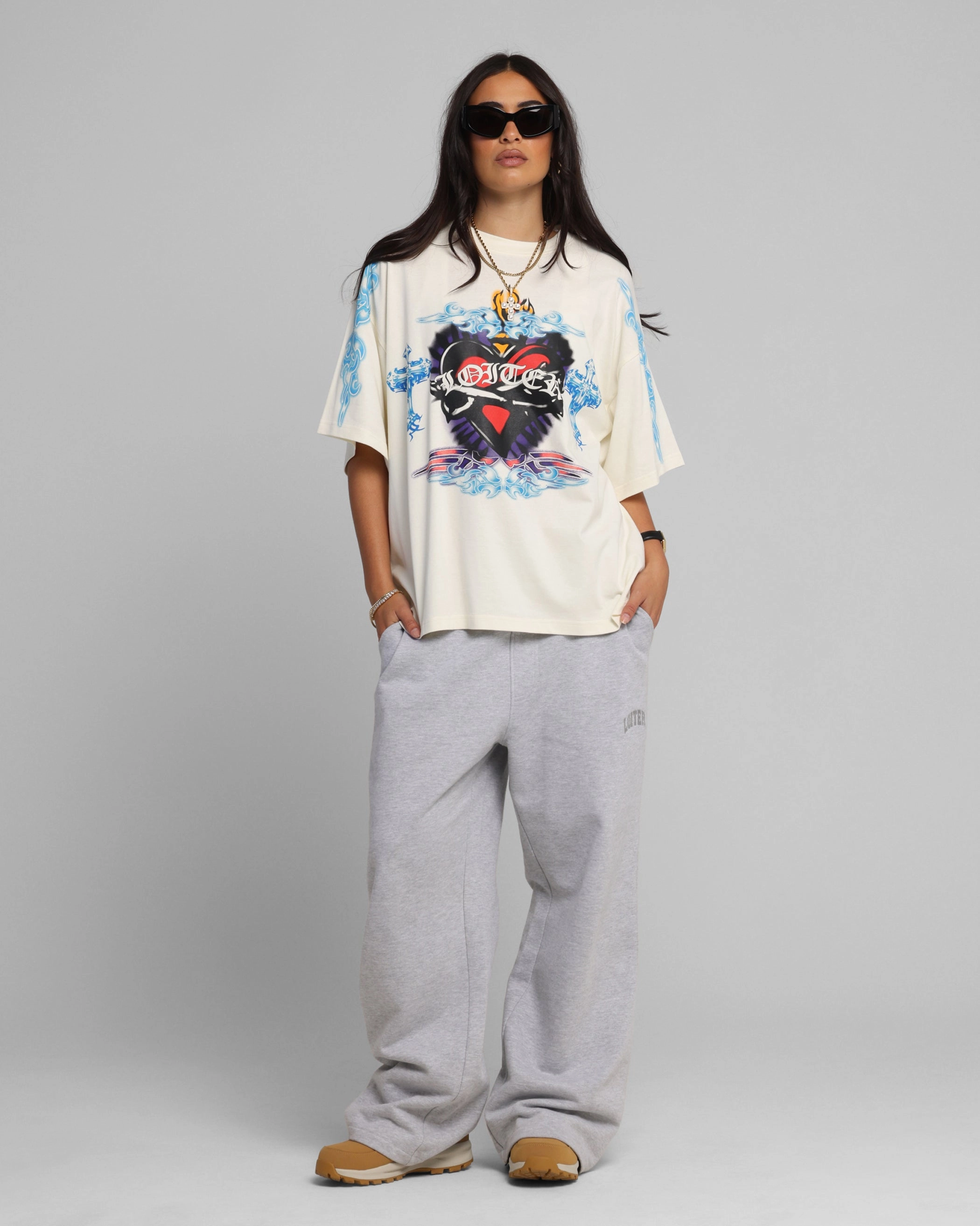 Sporty Comfort Wear Loiter Hearts T-Shirt Off White
