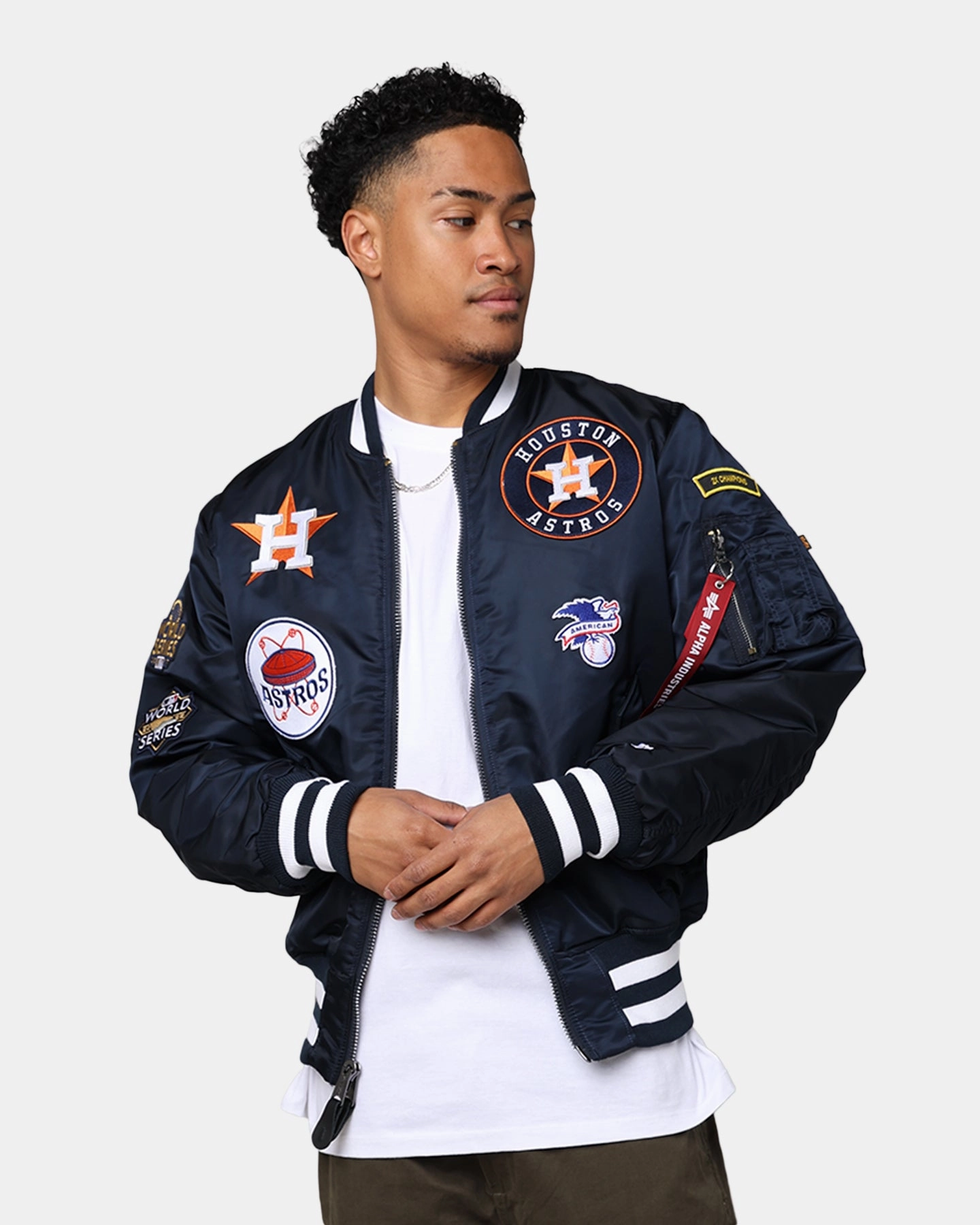 Card Reflective Detailing New Era X Alpha Series X MLB Houston Astros MA-1 Bomber Jacket Navy