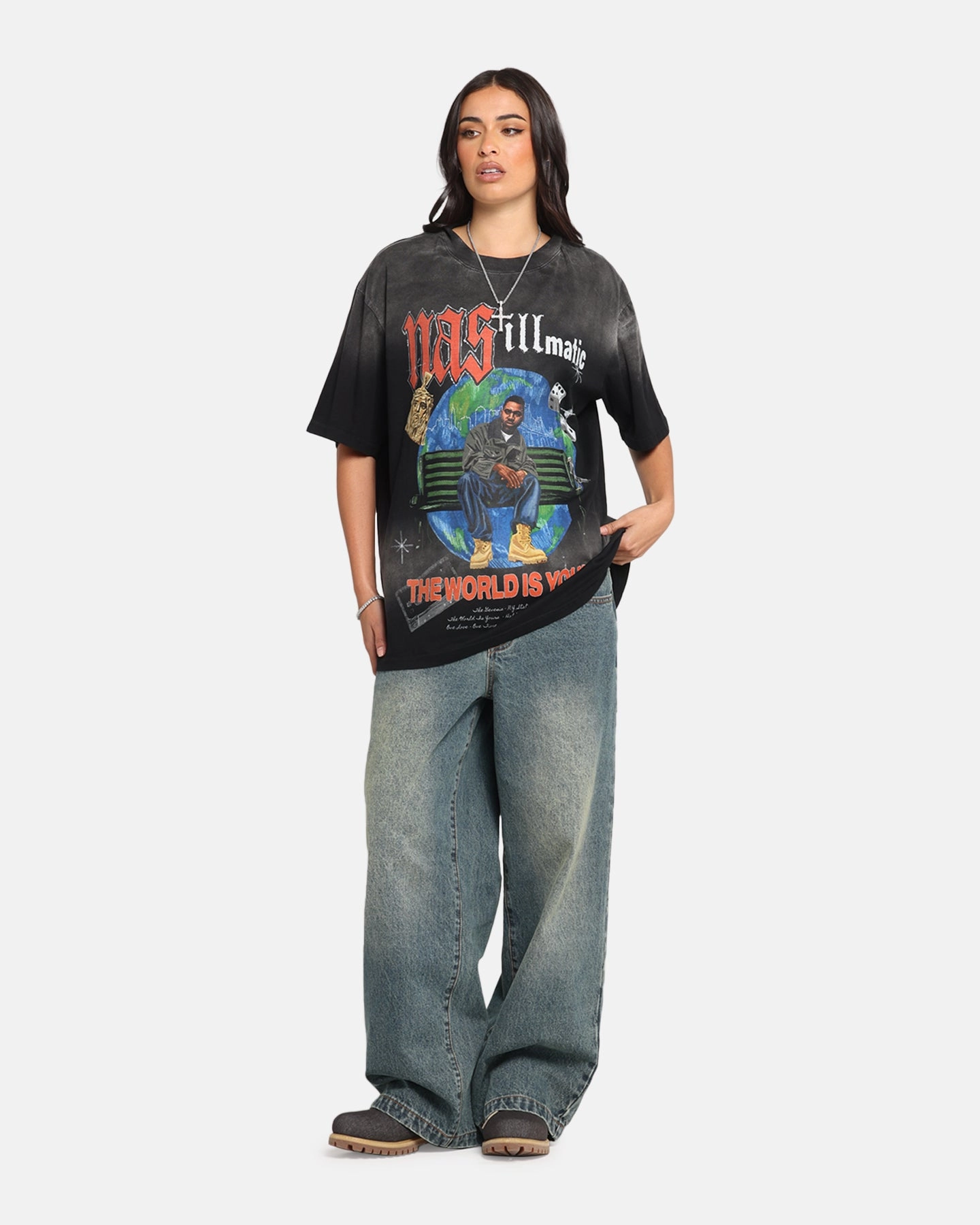 Nas The World Is Yours T-Shirt Washed Black Breathable Fit Wear