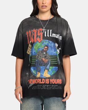 sequined details Bold Look Nas The World Is Yours T-Shirt Washed Black
