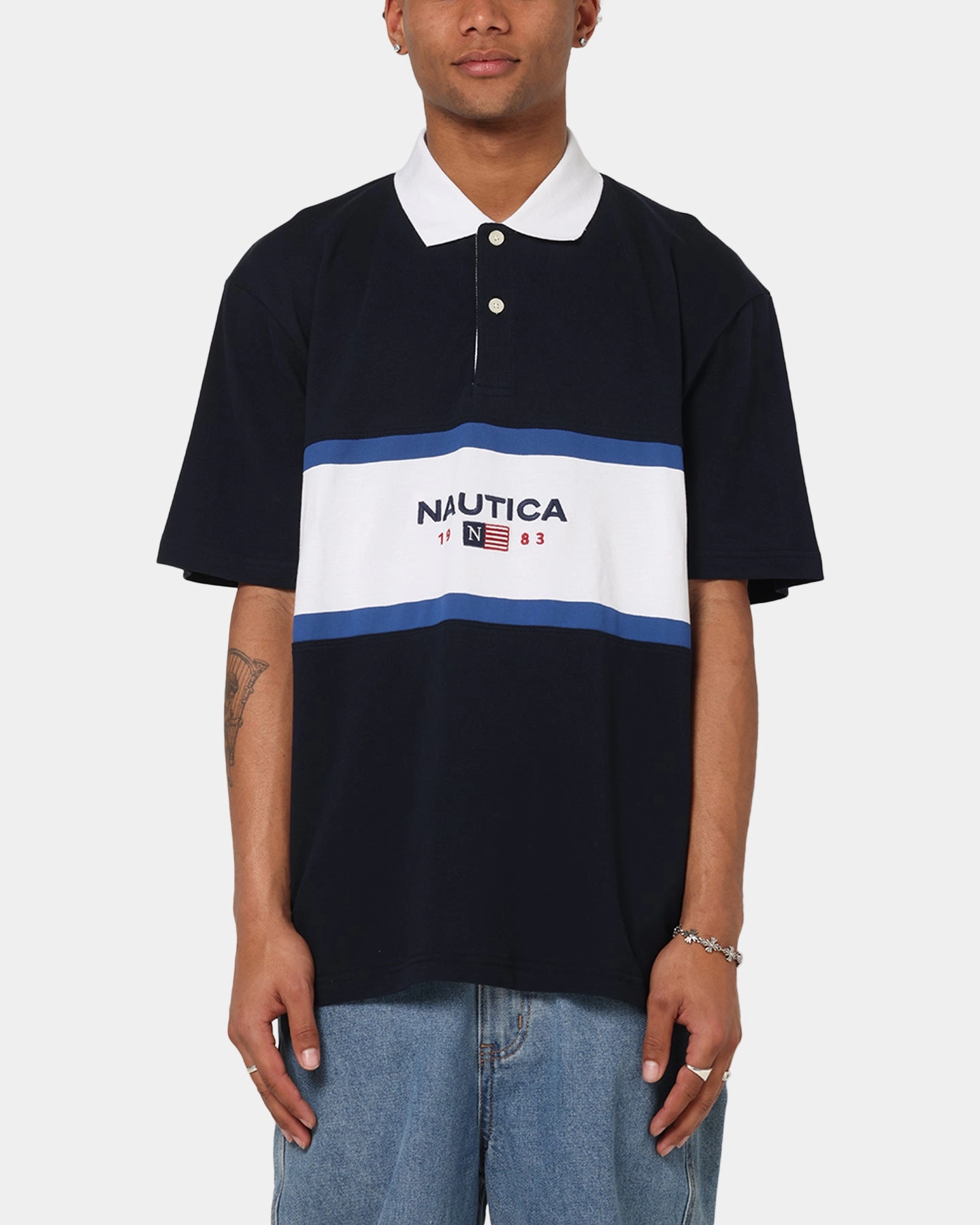 Nautica 83-Flag Block Polo T-Shirt Dark Navy Business Meeting TwoTone Fabric Blend