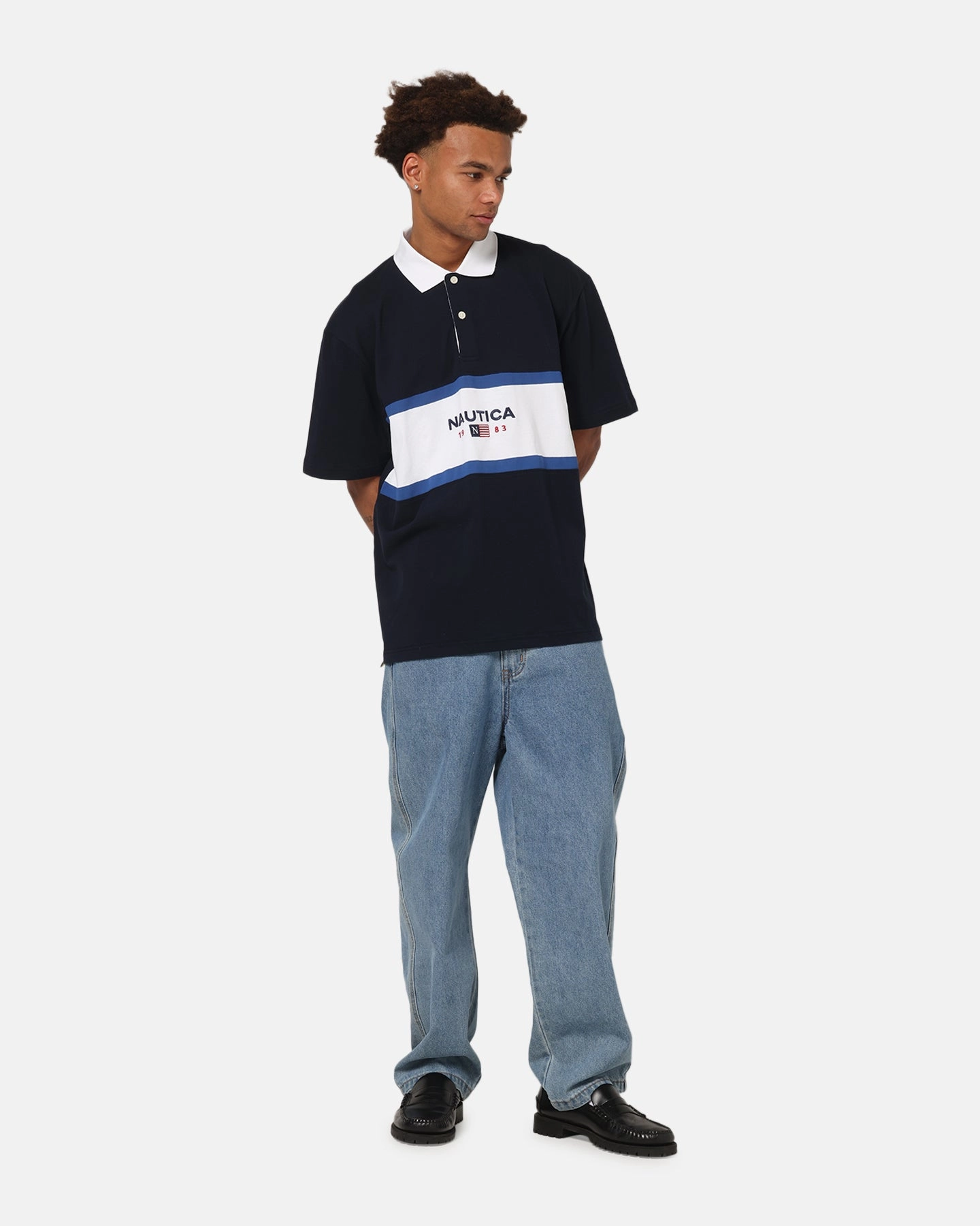 Durable Ribbed Cuffs QuickDry Material Nautica 83-Flag Block Polo T-Shirt Dark Navy