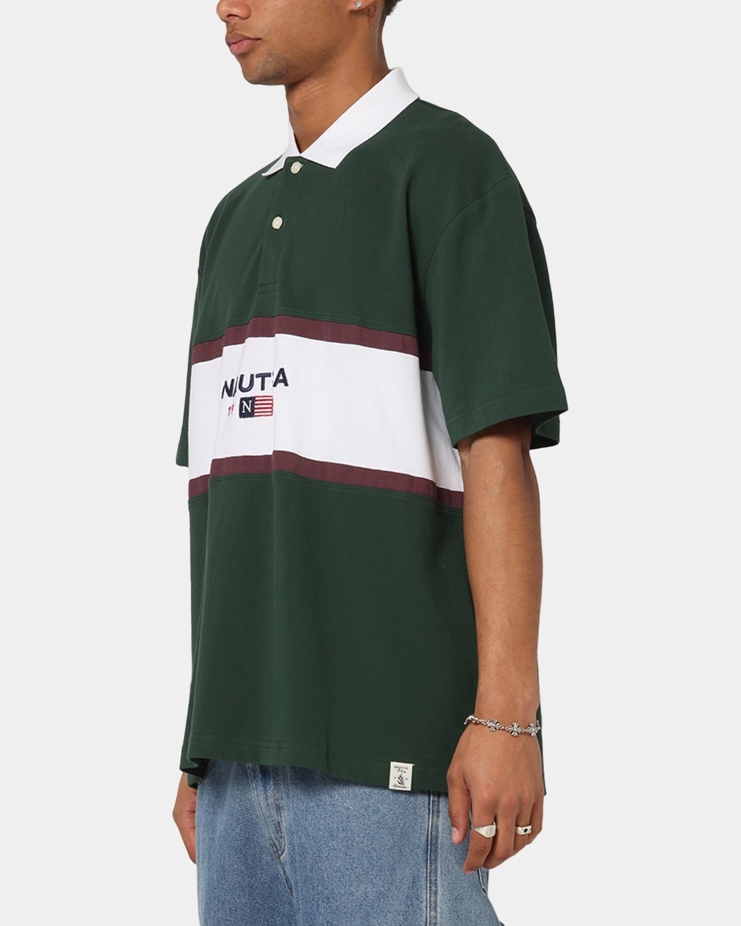 Nautica 83-Flag Block Polo T-Shirt Green/White Flexible Ribbed Collar