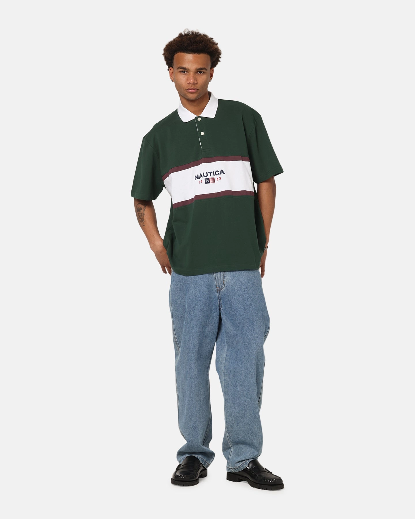 Nautica 83-Flag Block Polo T-Shirt Green/White HighDurability Yarn Layered Look