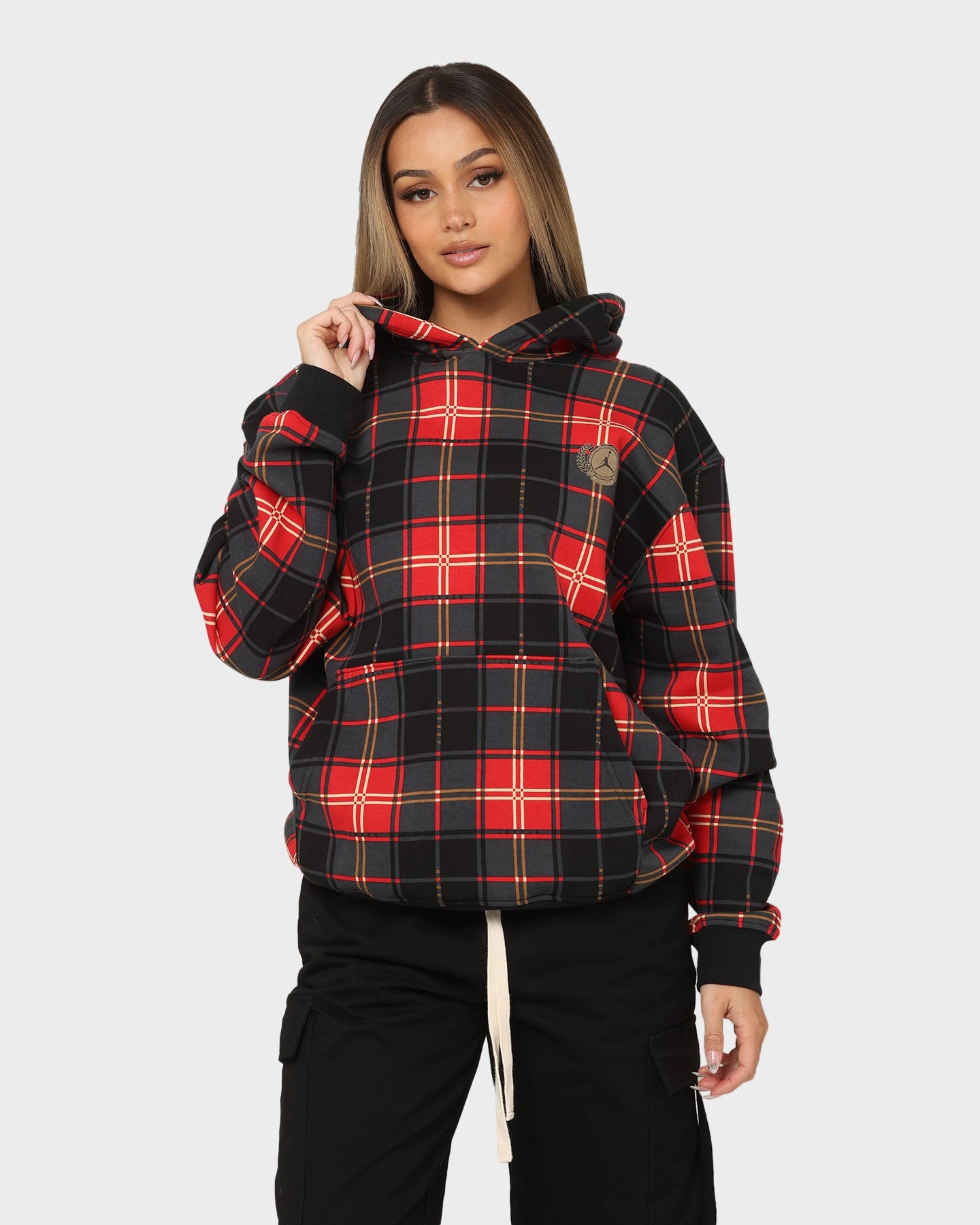 indoor gathering Breathable Technology Jordan Essential Holiday Plaid Fleece Pullover Hoodie Fire Red
