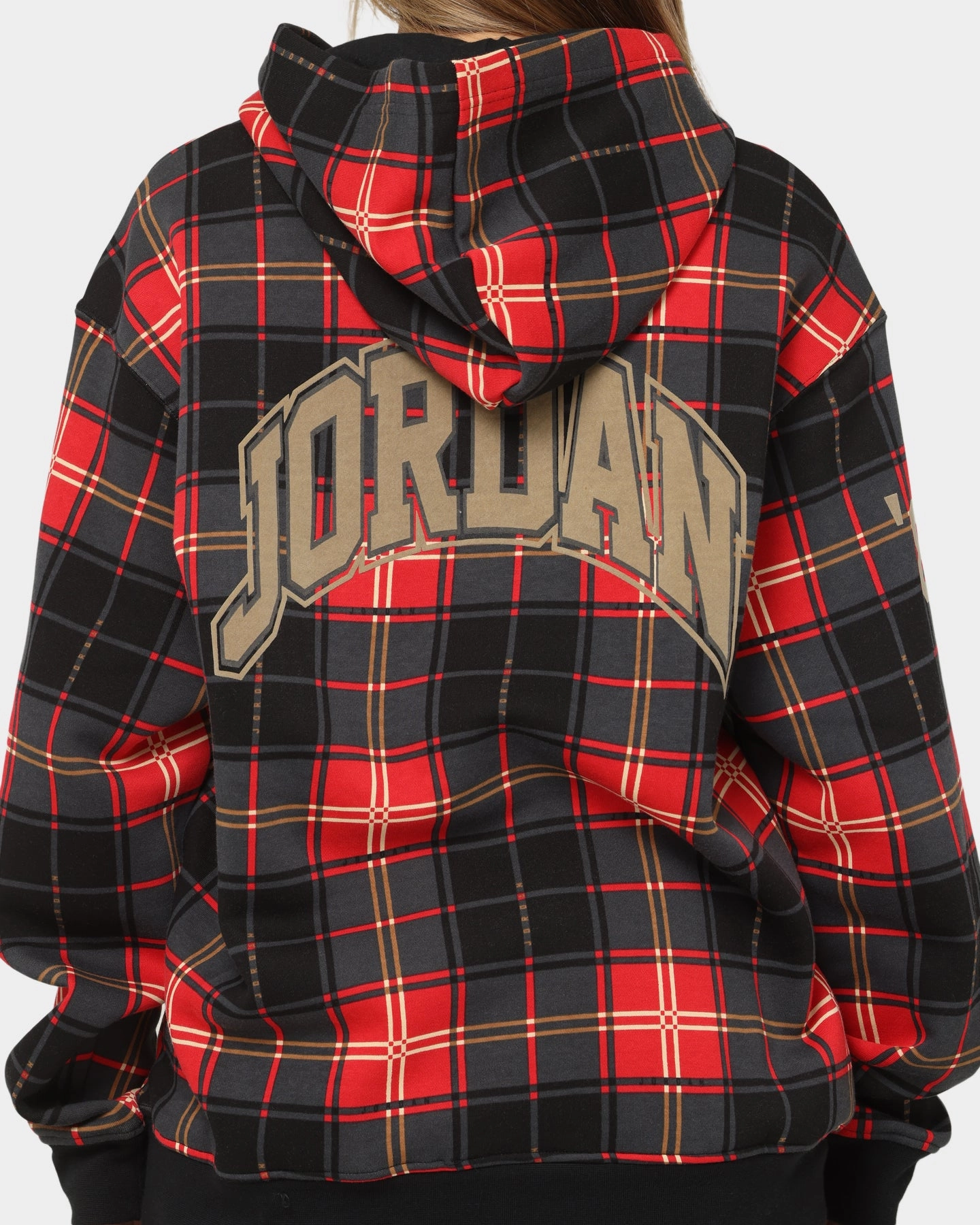 Jordan Essential Holiday Plaid Fleece Pullover Hoodie Fire Red Winter Gear