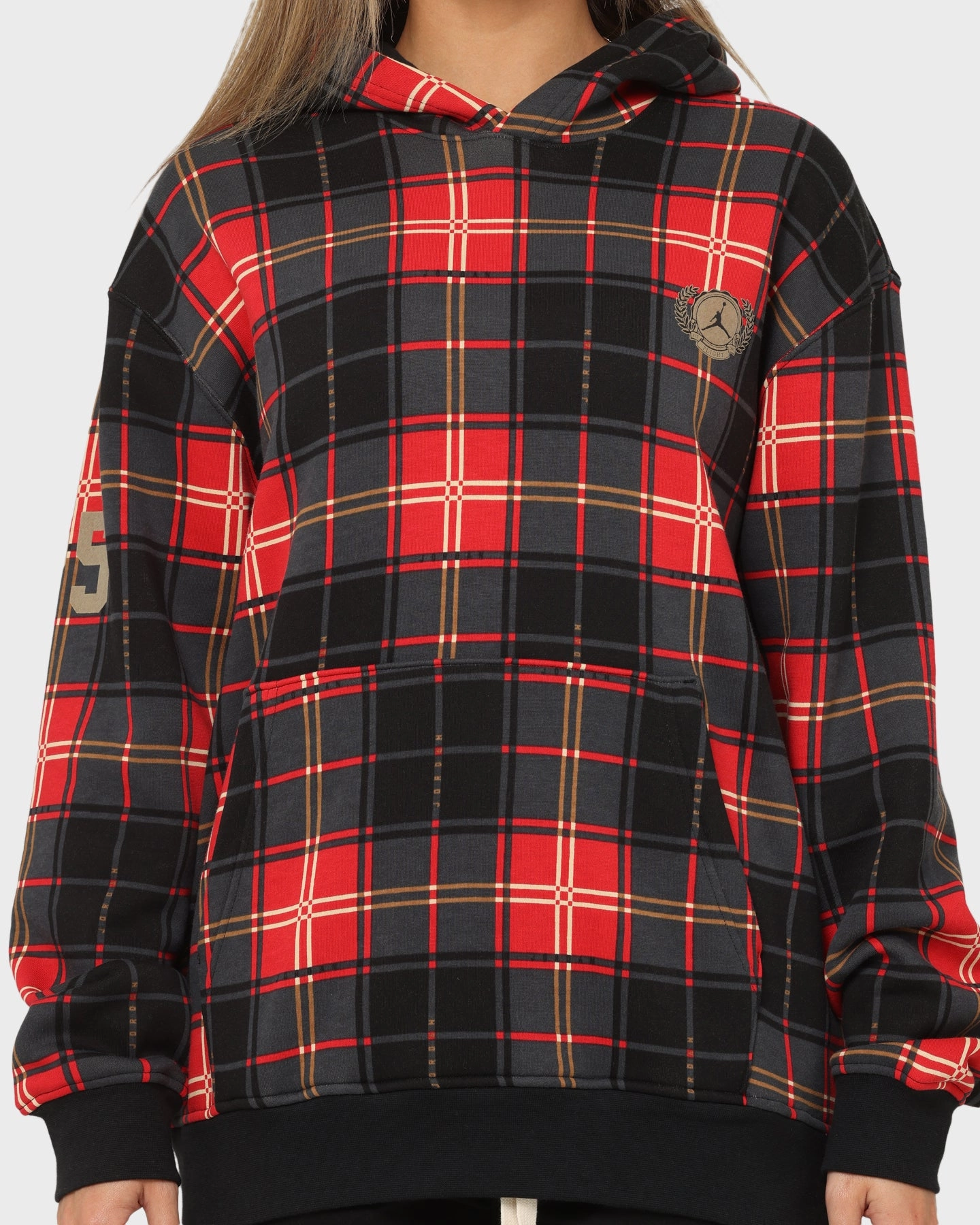 Sport Fit Jordan Essential Holiday Plaid Fleece Pullover Hoodie Fire Red