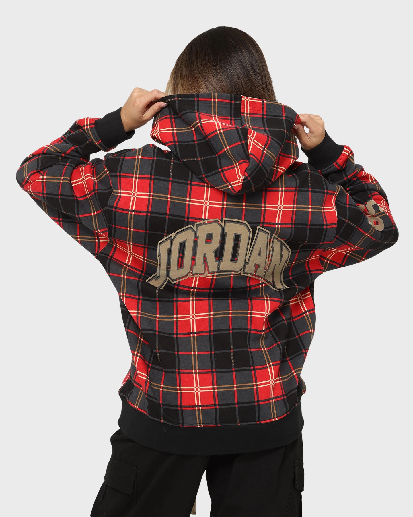 Jordan Essential Holiday Plaid Fleece Pullover Hoodie Fire Red Reveal