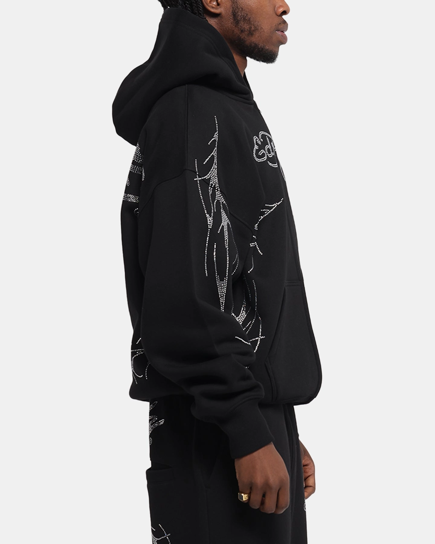Layered Comfort Ed Hardy Cyber Rhinestone Zip-Up Hoodie Black