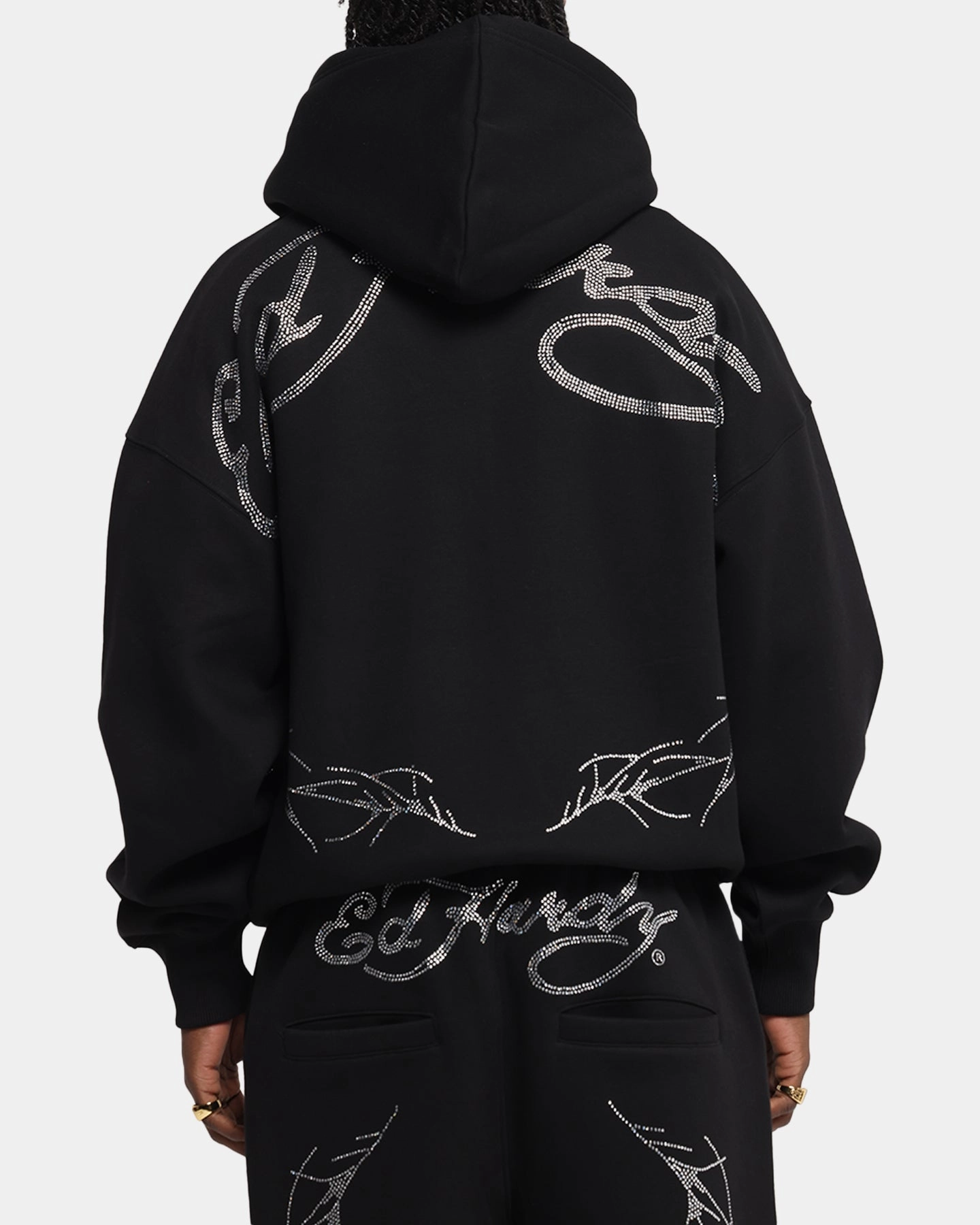 Ed Hardy Cyber Rhinestone Zip-Up Hoodie Black Multi Pocket