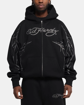 Storm Resistant Closure Ed Hardy Cyber Rhinestone Zip-Up Hoodie Black